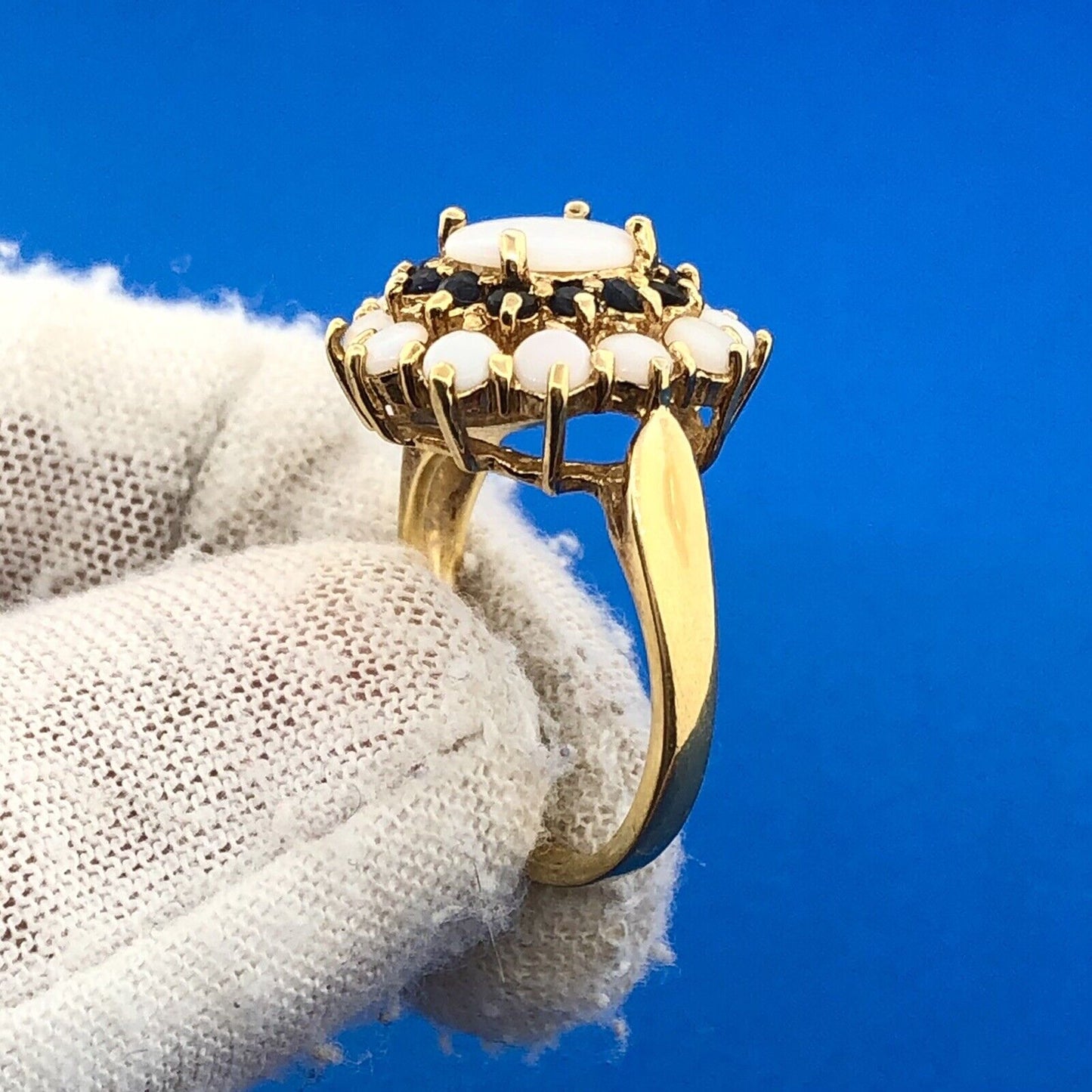 Designer 925 Sterling Silver Vermeil Opal Sapphire Halo Gold Toned Cocktail Ring
