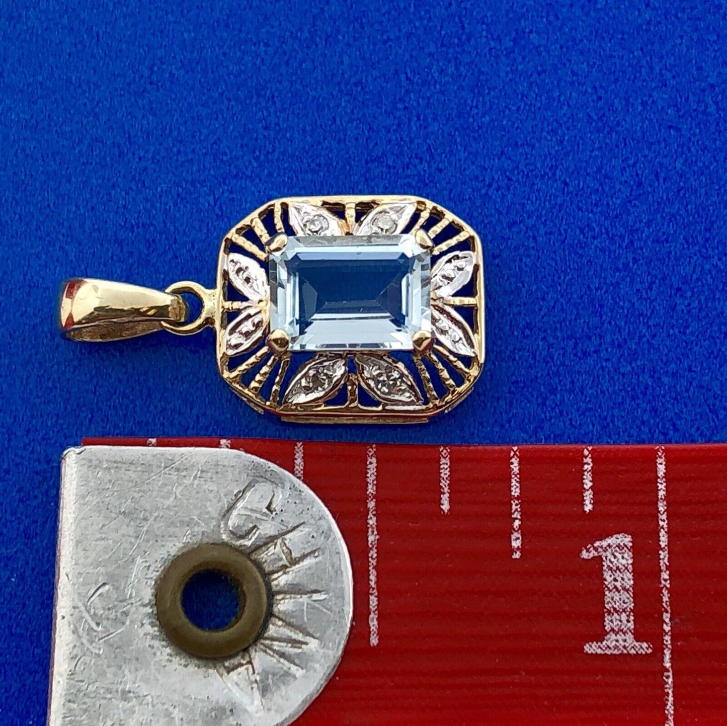 Stunning 10K Yellow White Gold Blue Topaz Diamond Filigree Charm Pendant