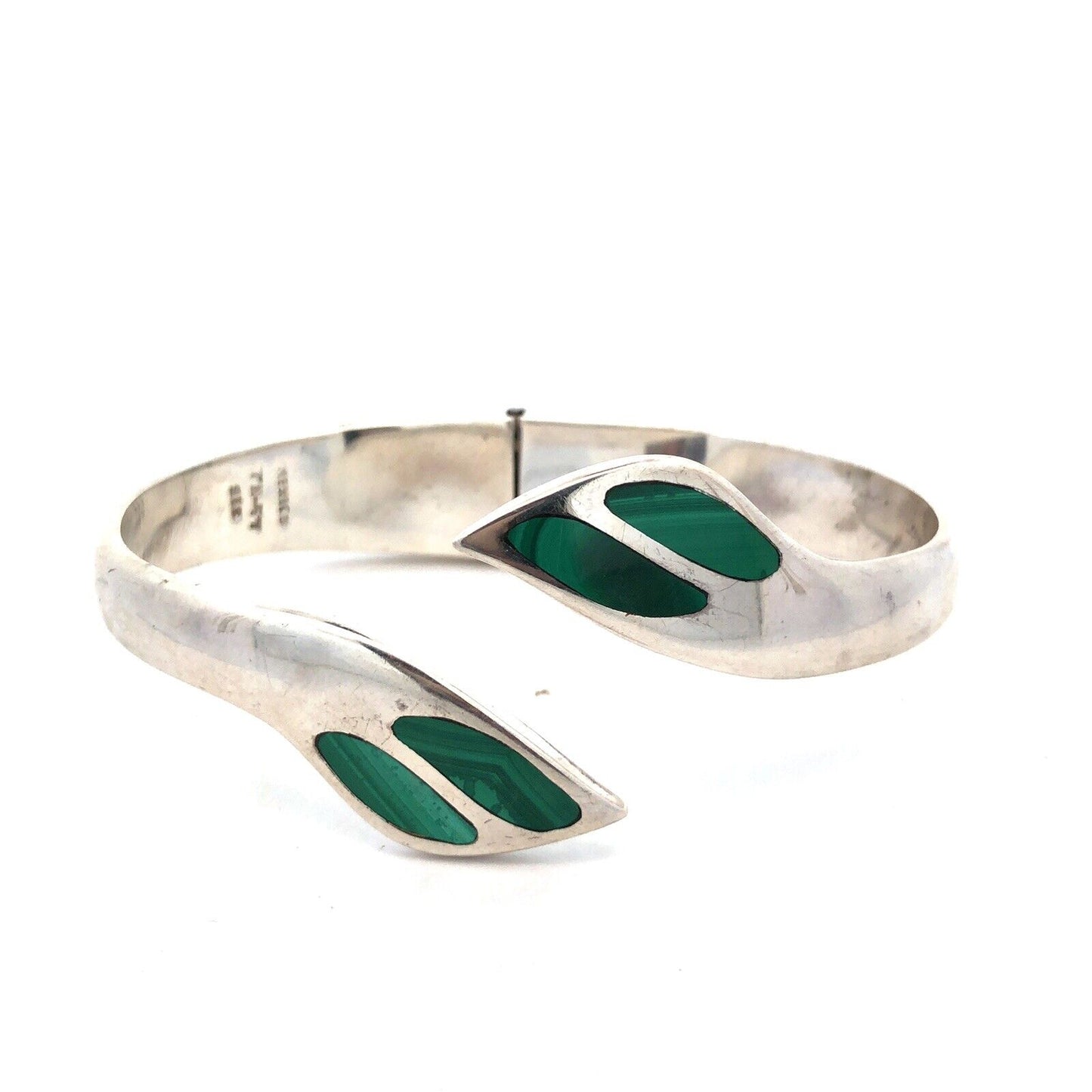 Mid Century Taxco Sterling Silver Malachite Inlay Modernist Hinged Cuff Bracelet