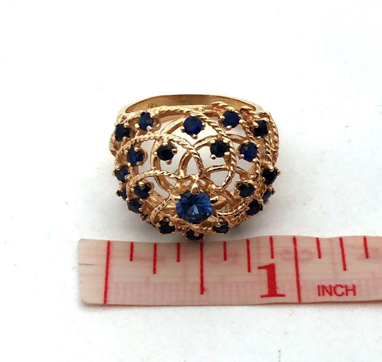 Estate 18K Yellow Gold Blue Sapphire Open Work Harem Cocktail Statement Ring