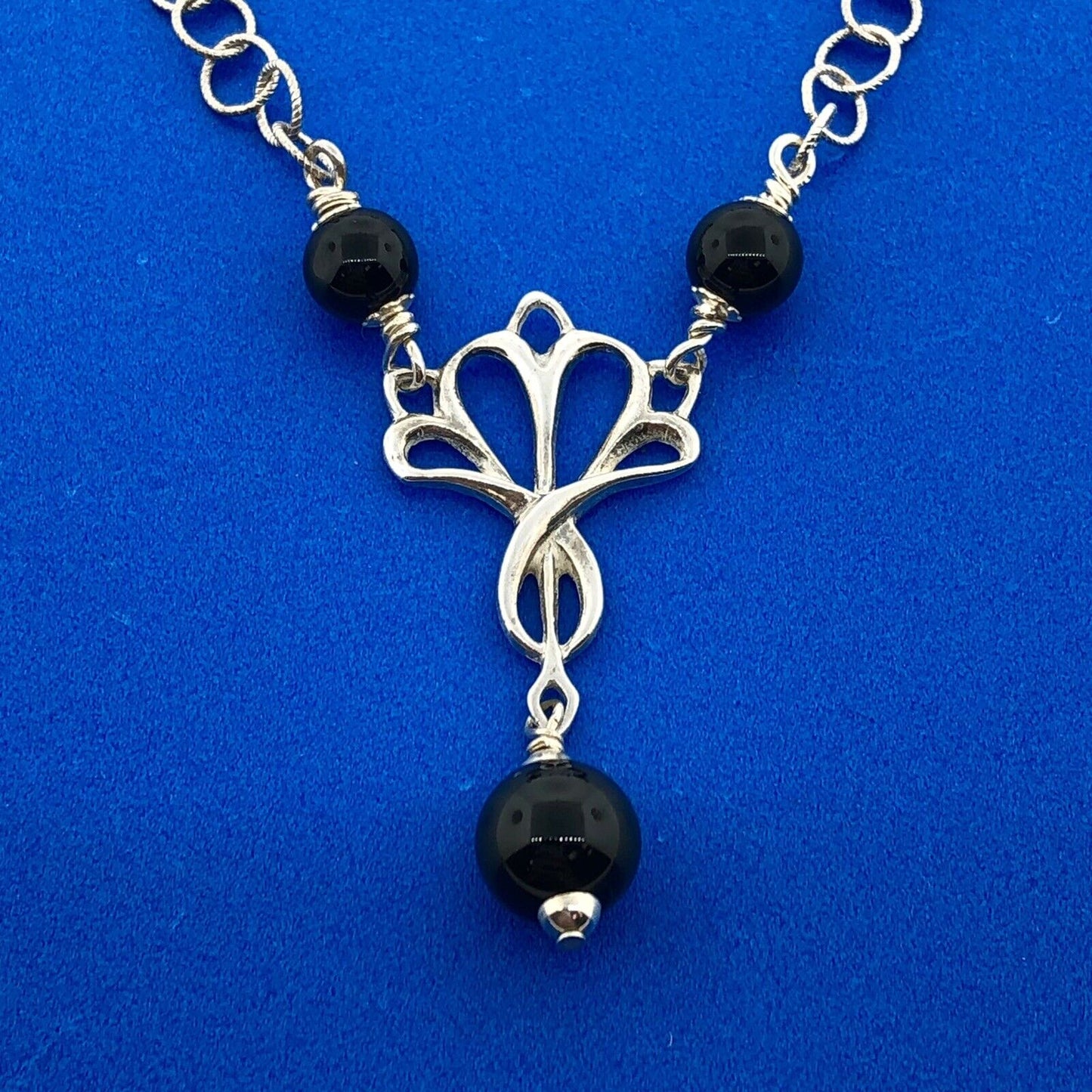 Stunning Sterling Silver 925 Onyx Bead Circle Link 20.5" Pendant Necklace