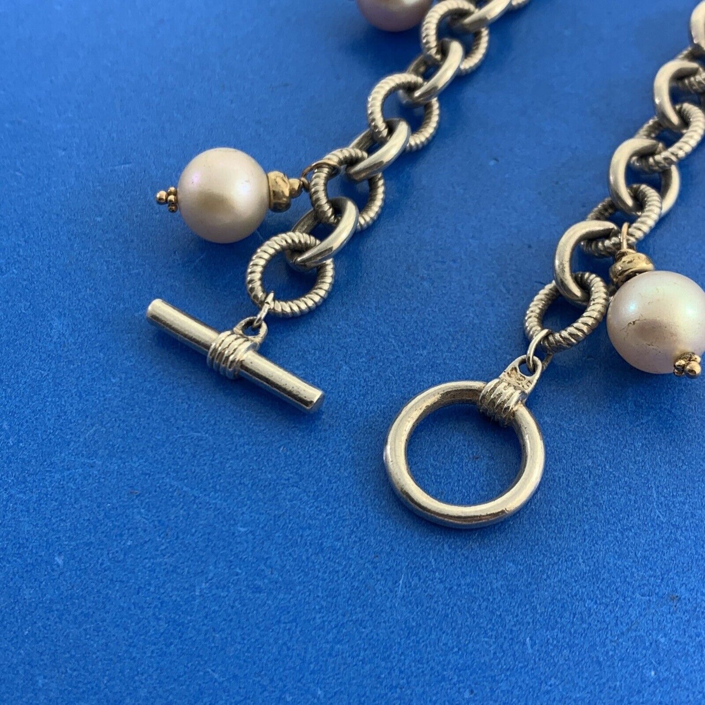 Estate 925 Sterling Silver 14K Gold Accented Pearl Charm Toggle Bracelet