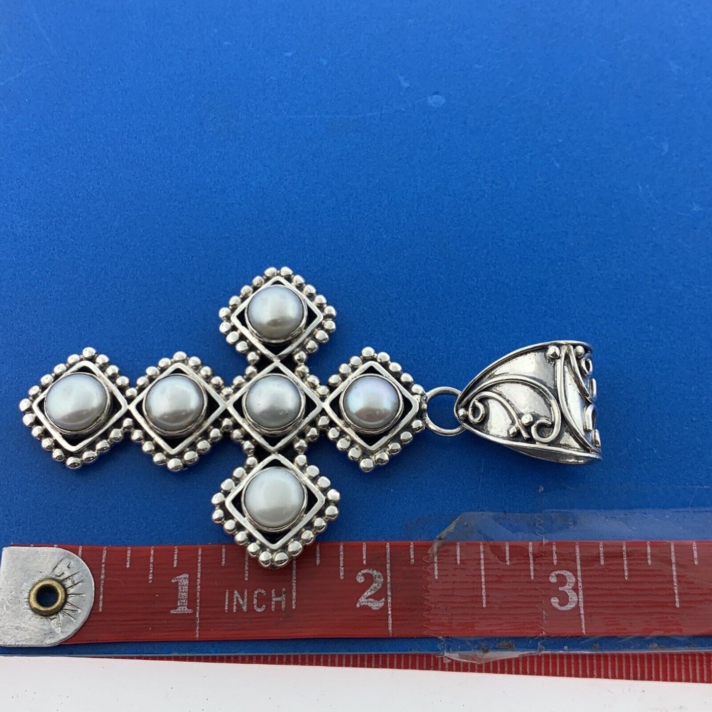 Stunning Sterling Silver 925 White Mabe Pearl Religious Cross Dangle Pendant