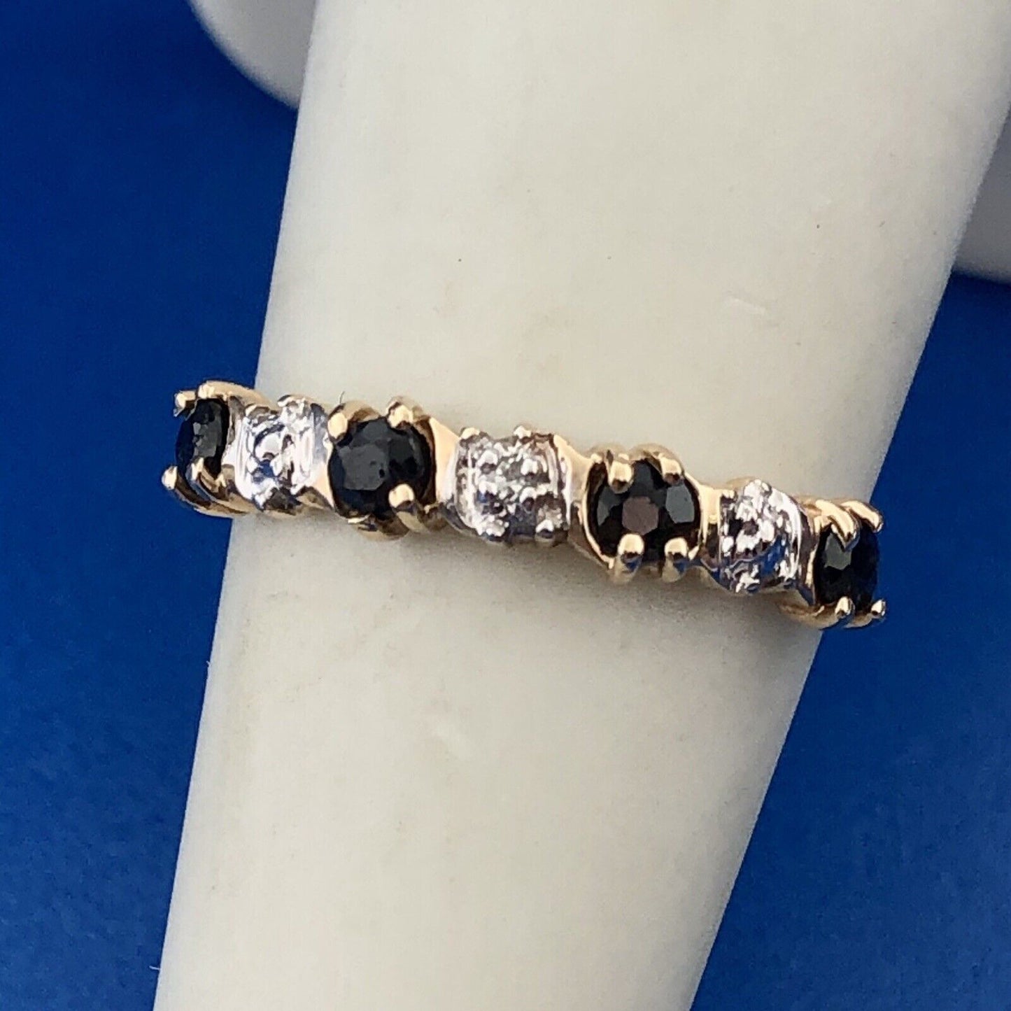 Retro 10K Yellow White Gold Sapphire Diamond Stackable Anniversary Band Ring