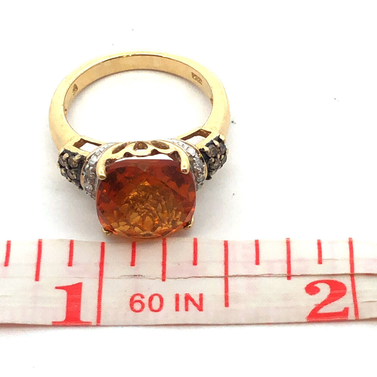 14K Yellow Gold Faceted Cushion Citrine Chocolate White Diamond Cocktail Ring