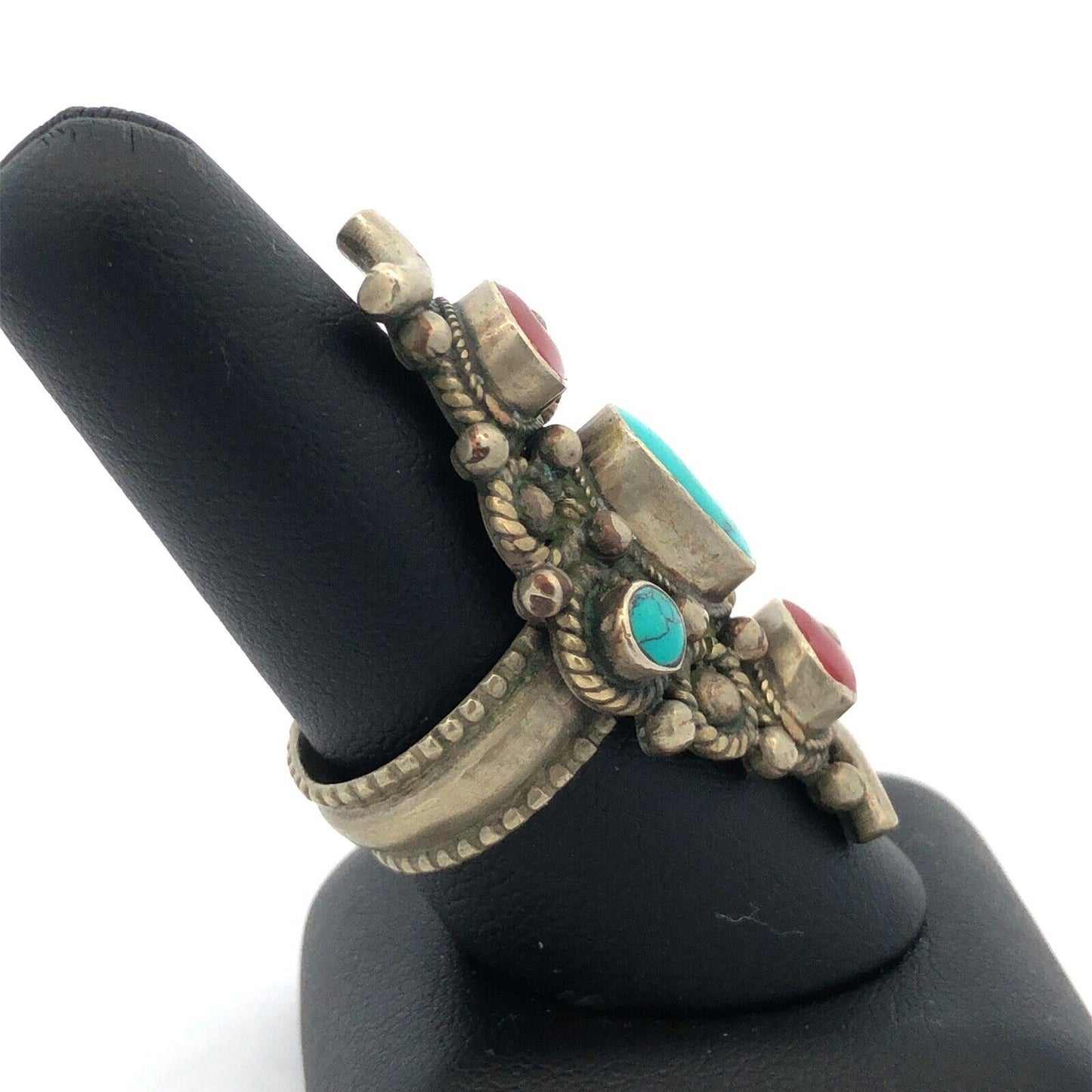 Native American Silver Plate Oval Turquoise Red Coral Detailed Statement Ring