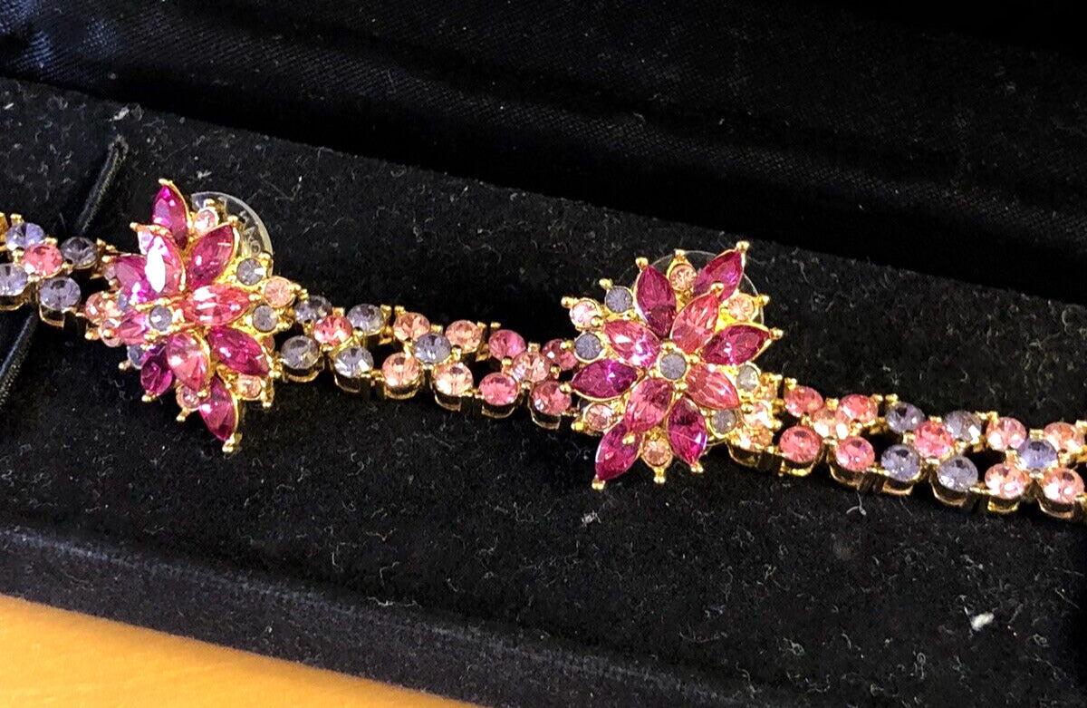 Joan Rivers Gold Tone Pink Purple Cubic Zirconia CZ Bracelet Earring 3 Pc Set