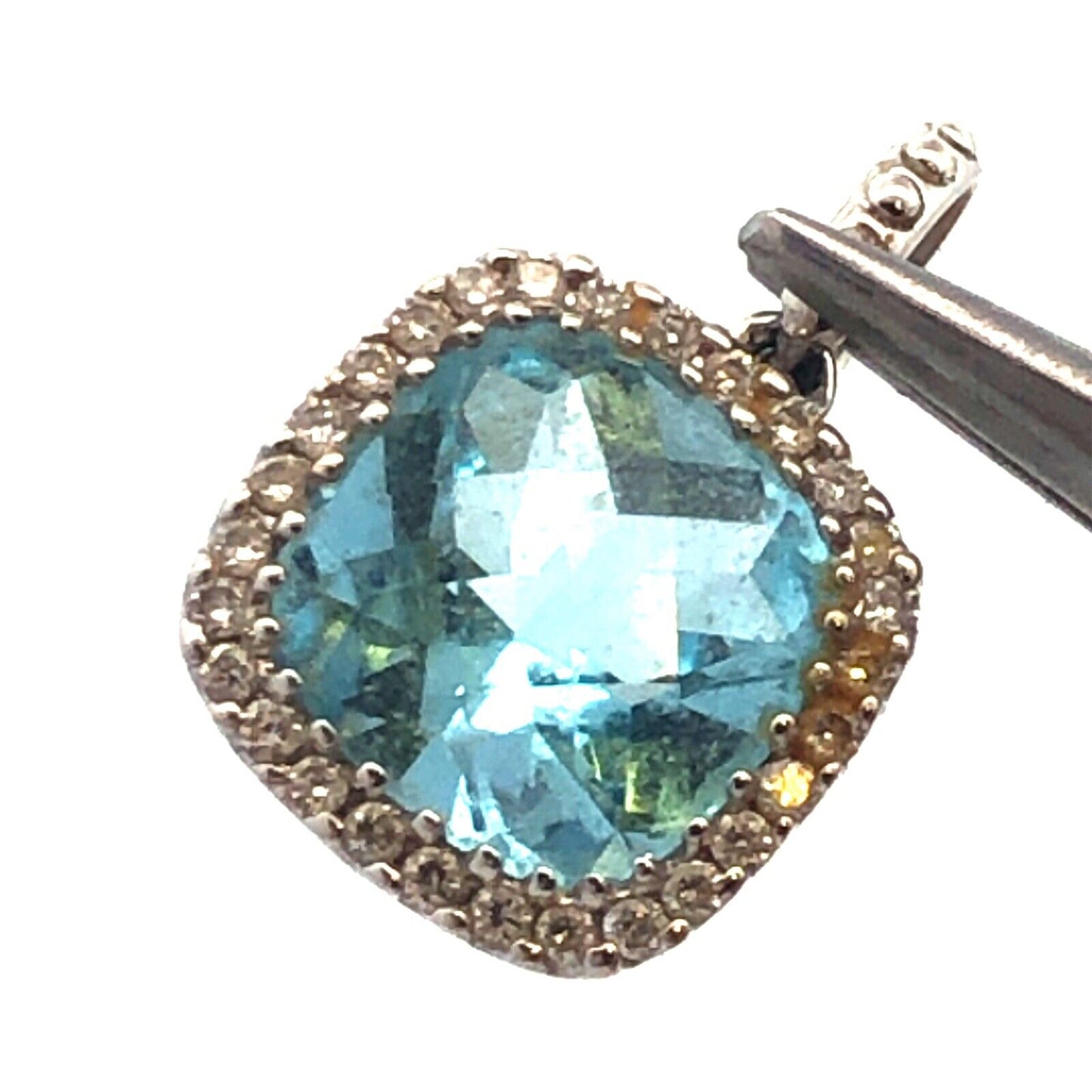 18K White Gold Cushion Cut Blue Topaz Diamond Halo October Anniversary Pendant