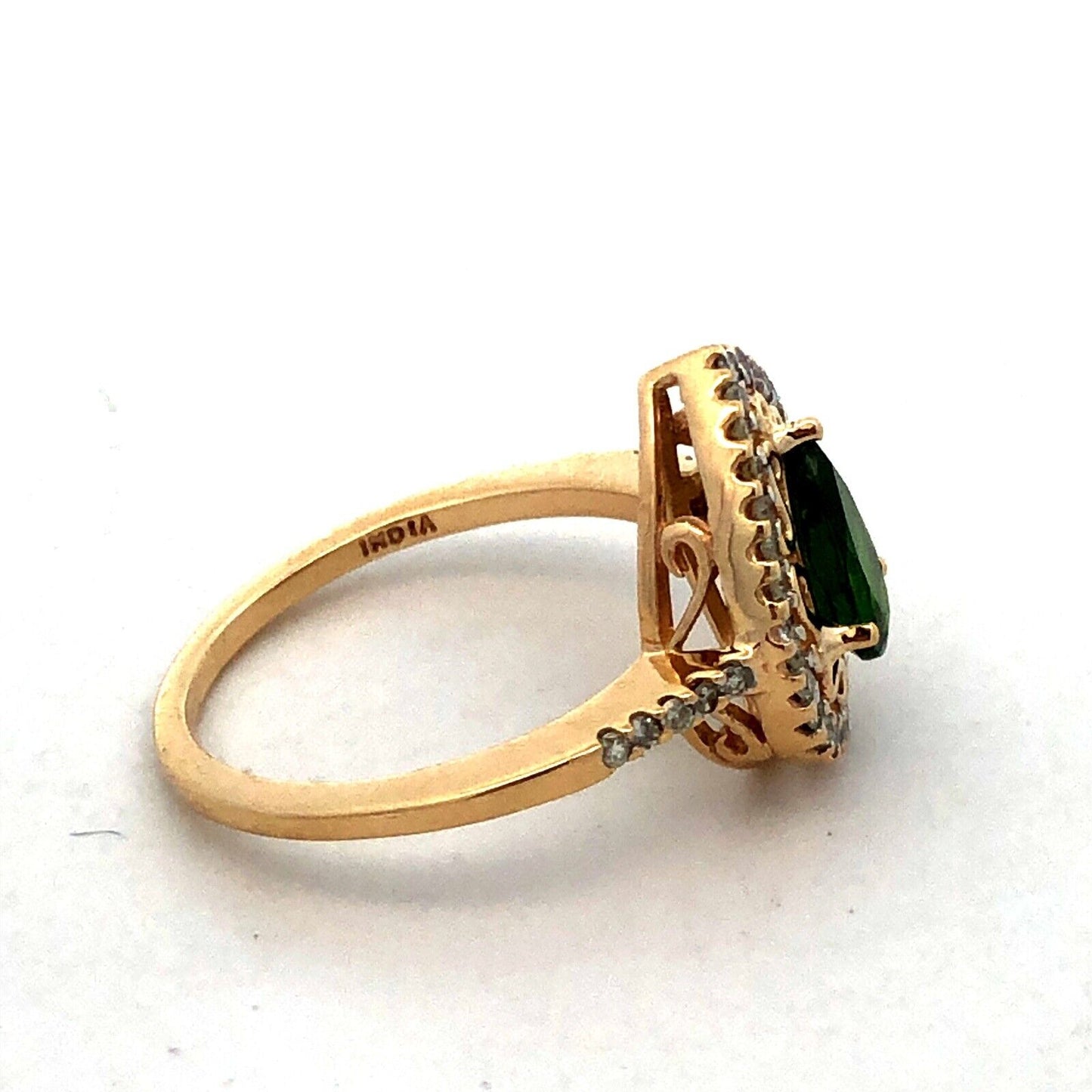Estate 10K Yellow Gold Pear Cut Emerald Diamond Halo Engagement Ring