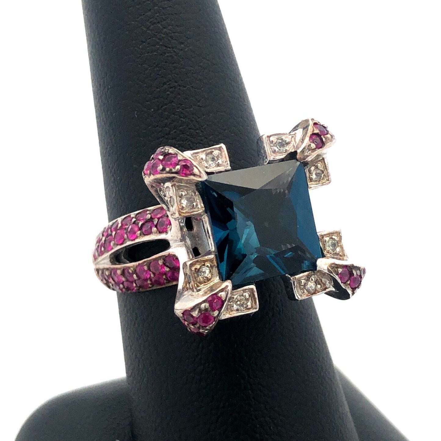 Sterling Silver London Blue Topaz Ruby Diamond Statement Cocktail Ring