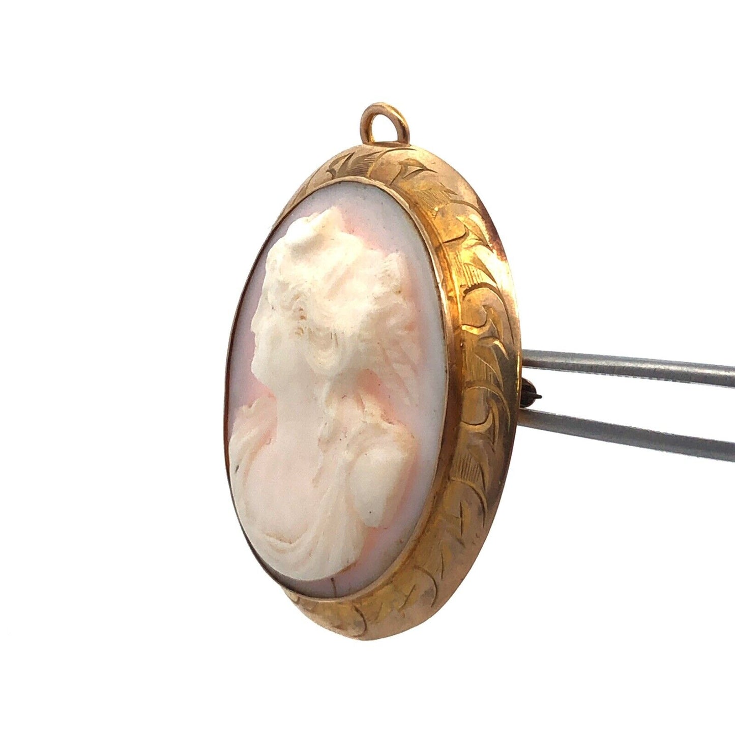 Victorian 10K Yellow Gold Pink Cameo Left Etched Frame Statement Brooch Pendant