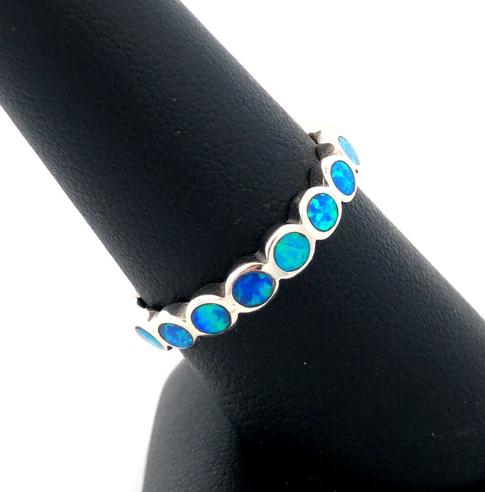 925 Sterling Silver Round Blue Opal Inlay Bubble Stackable Band Ring