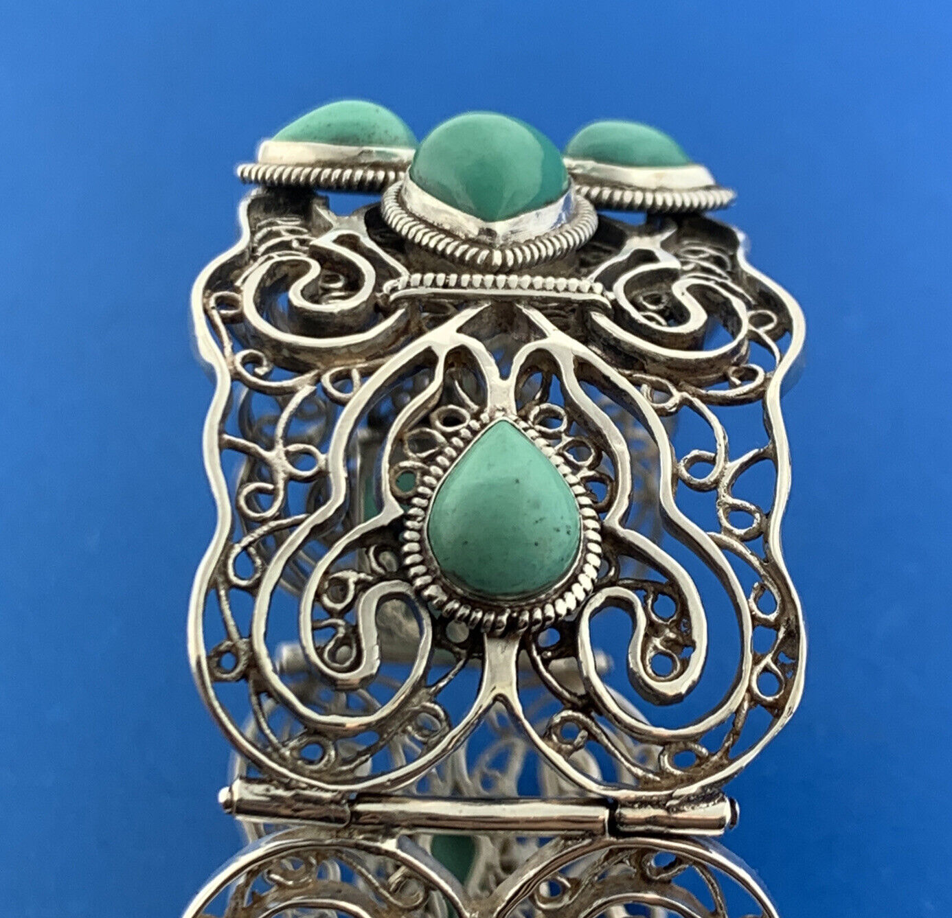 Designer Sterling Silver Turquoise Open Filigree Statement Hinged Cuff Bracelet