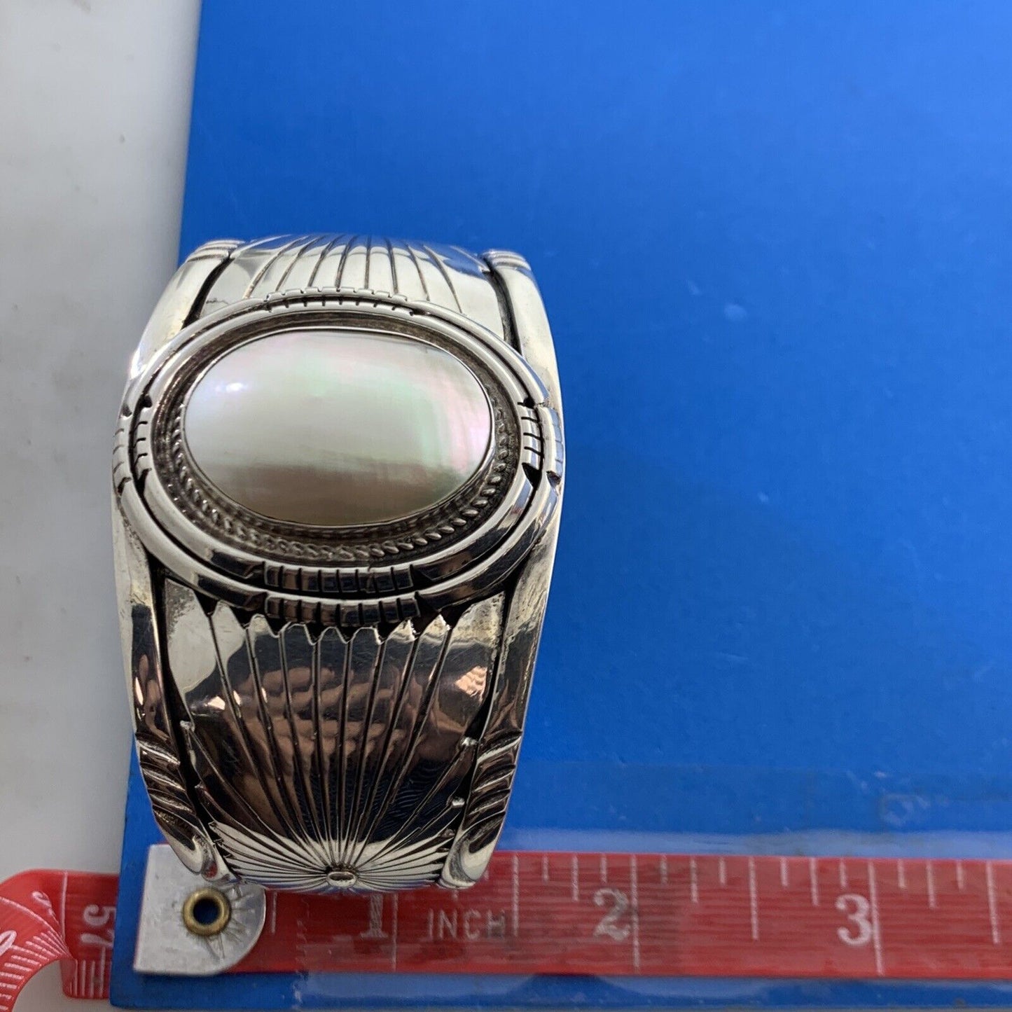 L James 925 Sterling Silver Native American Navajo Mother Of Pearl Cuff Bracelet