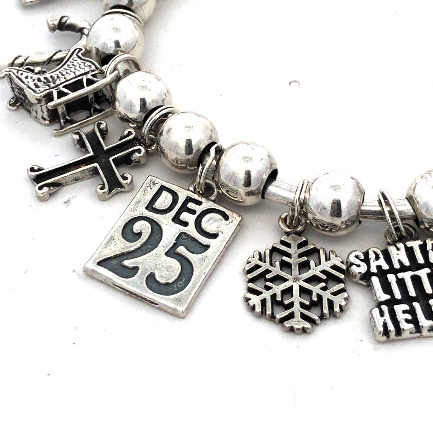 Vintage SJC 925 Sterling Silver Christmas Holiday Theme Beaded Charm Bracelet