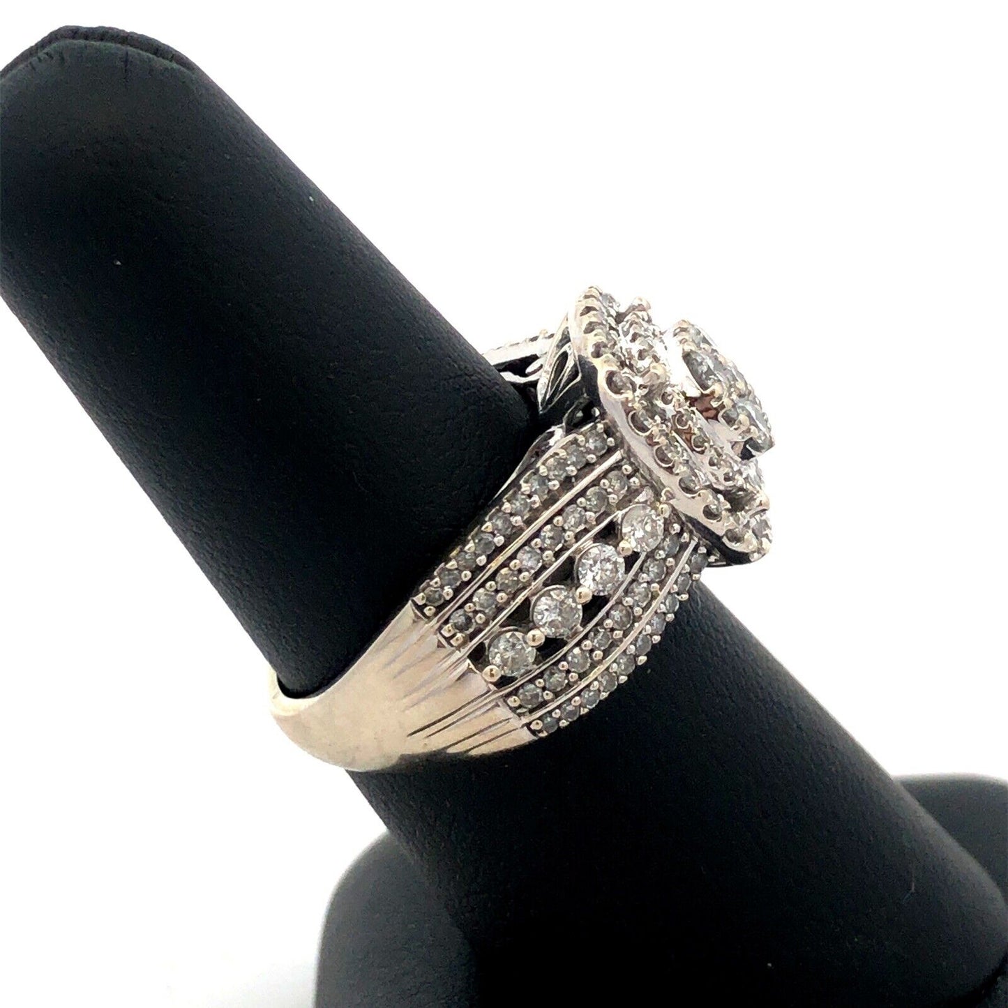 Designer IKS 10K White Gold Round Diamond Cluster Halo Statement Engagement Ring