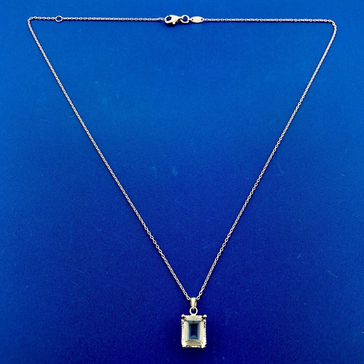 14K White Gold Emerald Cut Green Topaz Solitaire Drop Pendant Necklace
