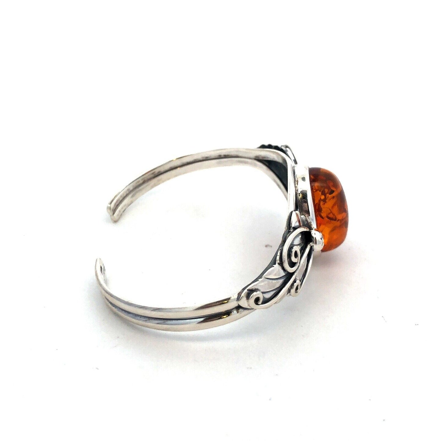 Vintage 925 Sterling Silver Oval Amber Leaves Nature Cuff Bracelet