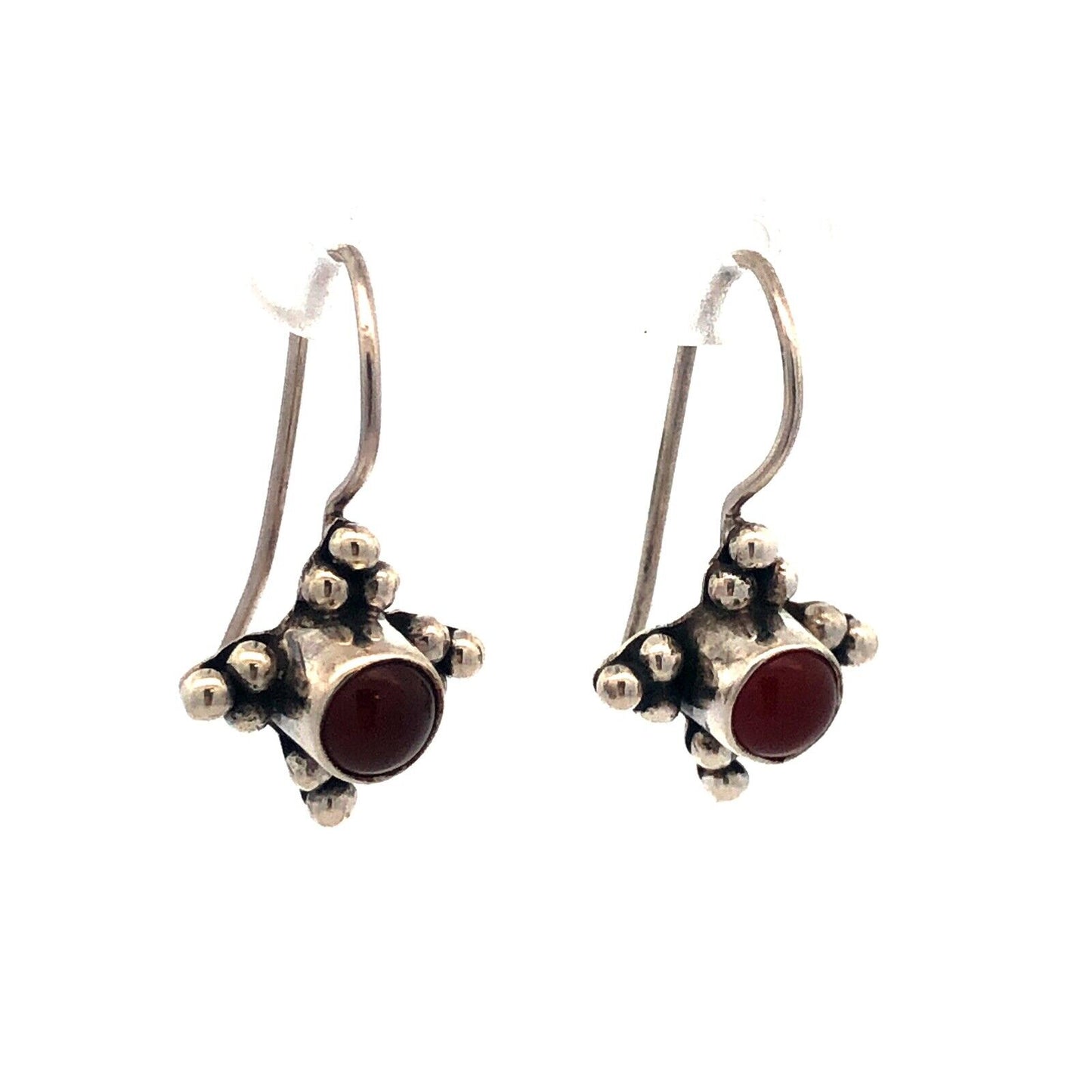 Estate 925 Sterling Silver Carnelian Cabochon Beaded Drop Dangle Hook Earrings