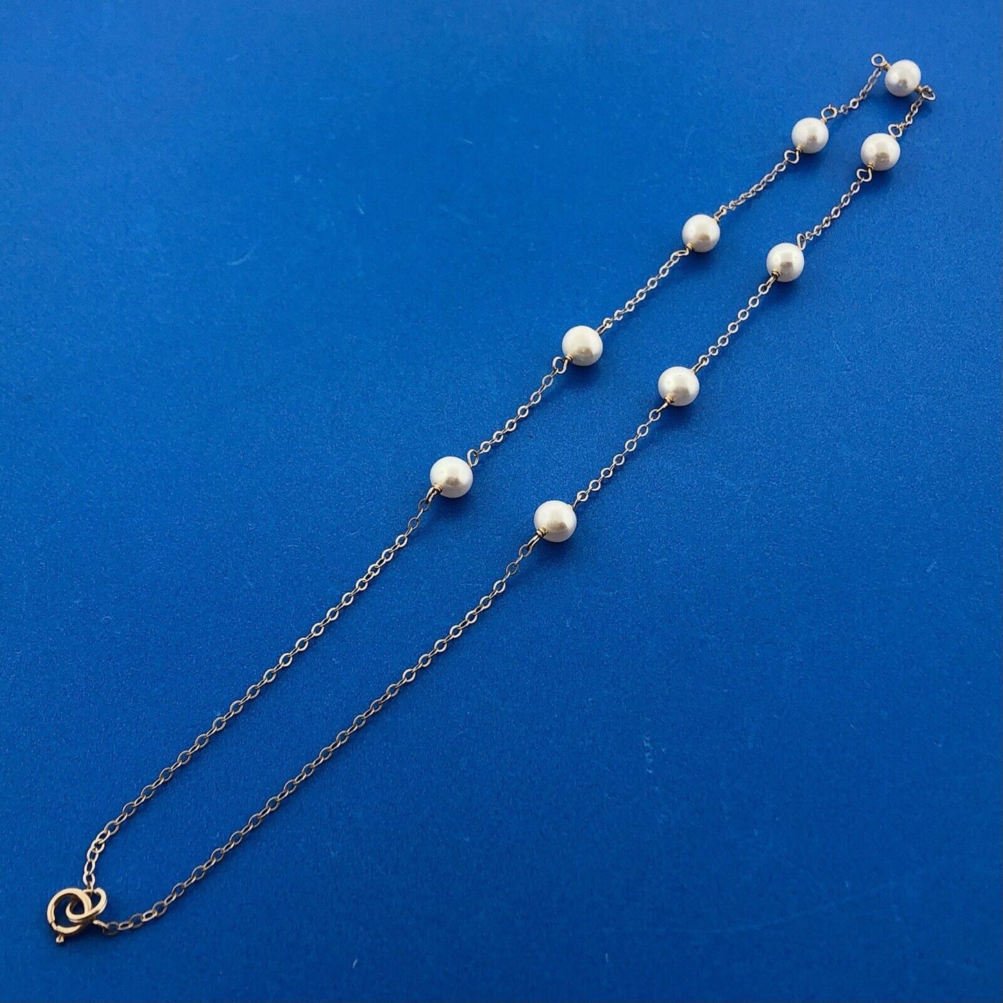 Gorgeous 14k Yellow Gold 6 mm White Pearl Thin Oval Link 16" Chain Necklace