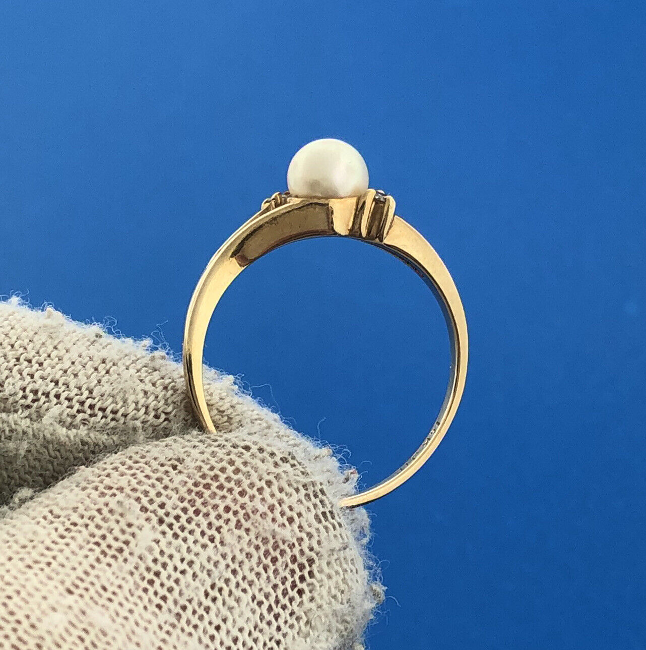 Gorgeous 14k Yellow Gold White 5.25 mm Pearl Diamond Openwork Ring Size 6.5