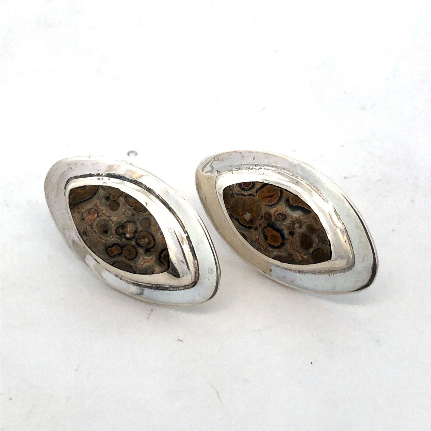 Vintage Mexico 925 Sterling Silver Oval Leopard Skin Jasper Stud Earrings