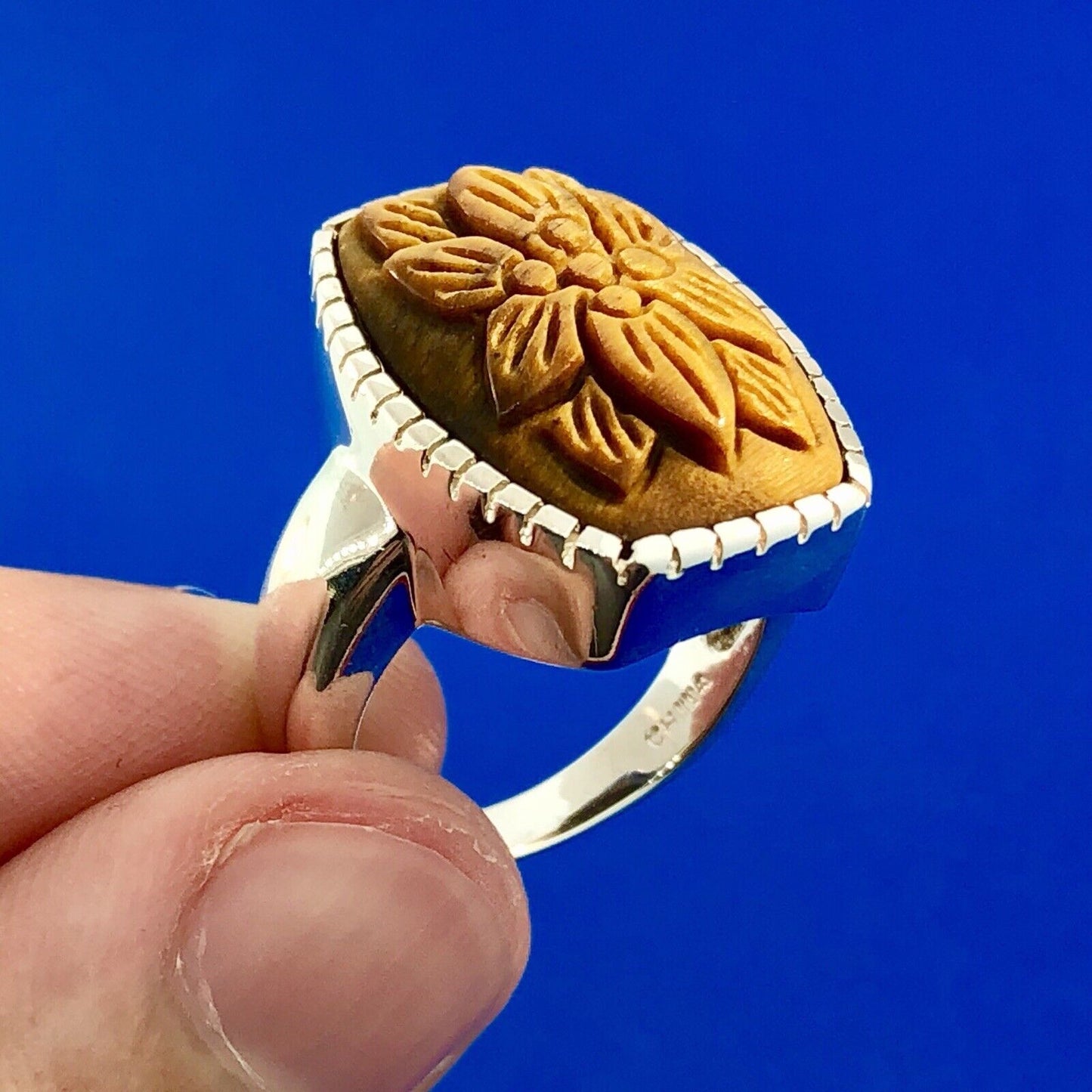 Whitney Kelly WK 925 Sterling Silver Floral Carved Tiger Eye Statement Ring