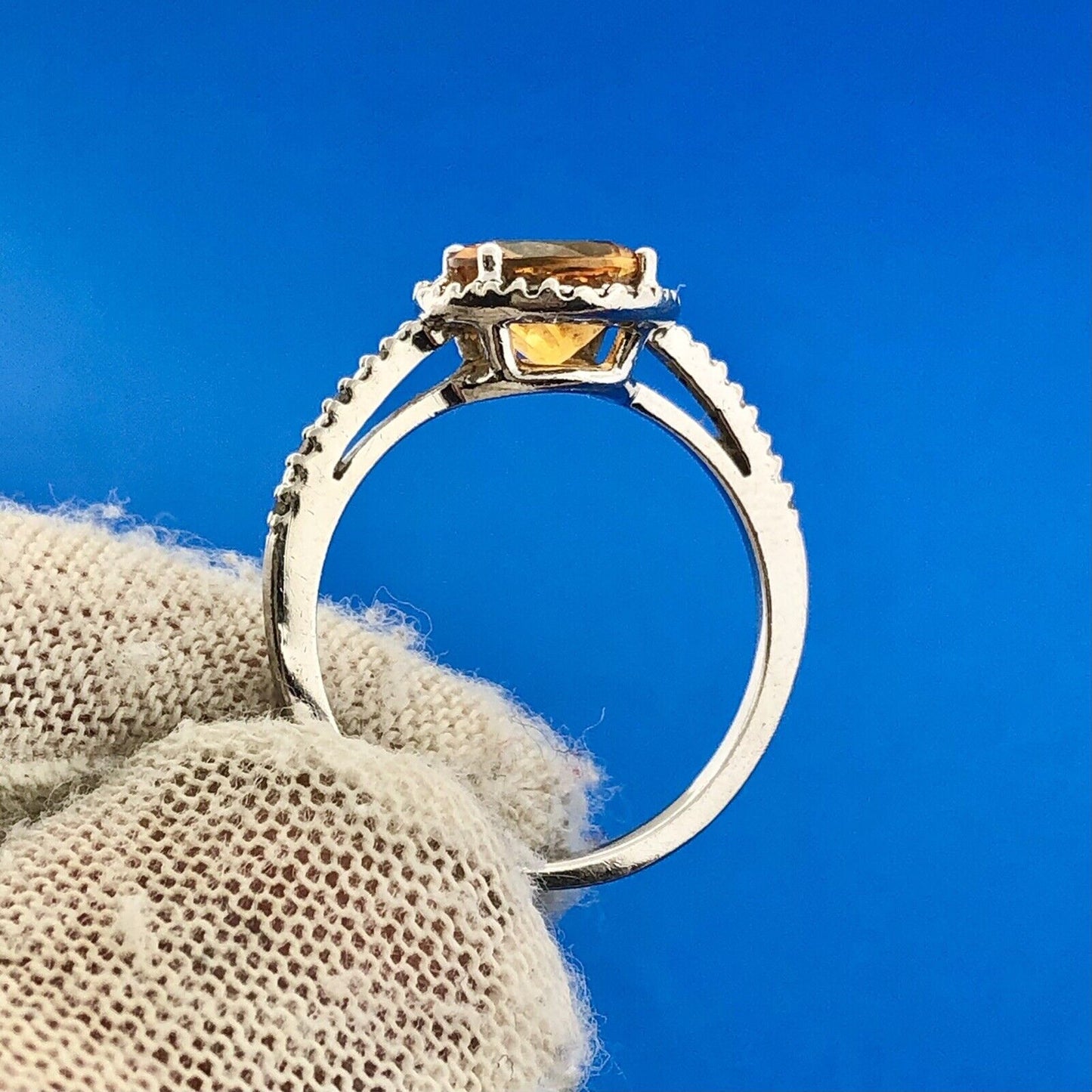 Gorgeous Sterling Silver 925 Round Cut Citrine Diamond Halo Accent Ring Size 6