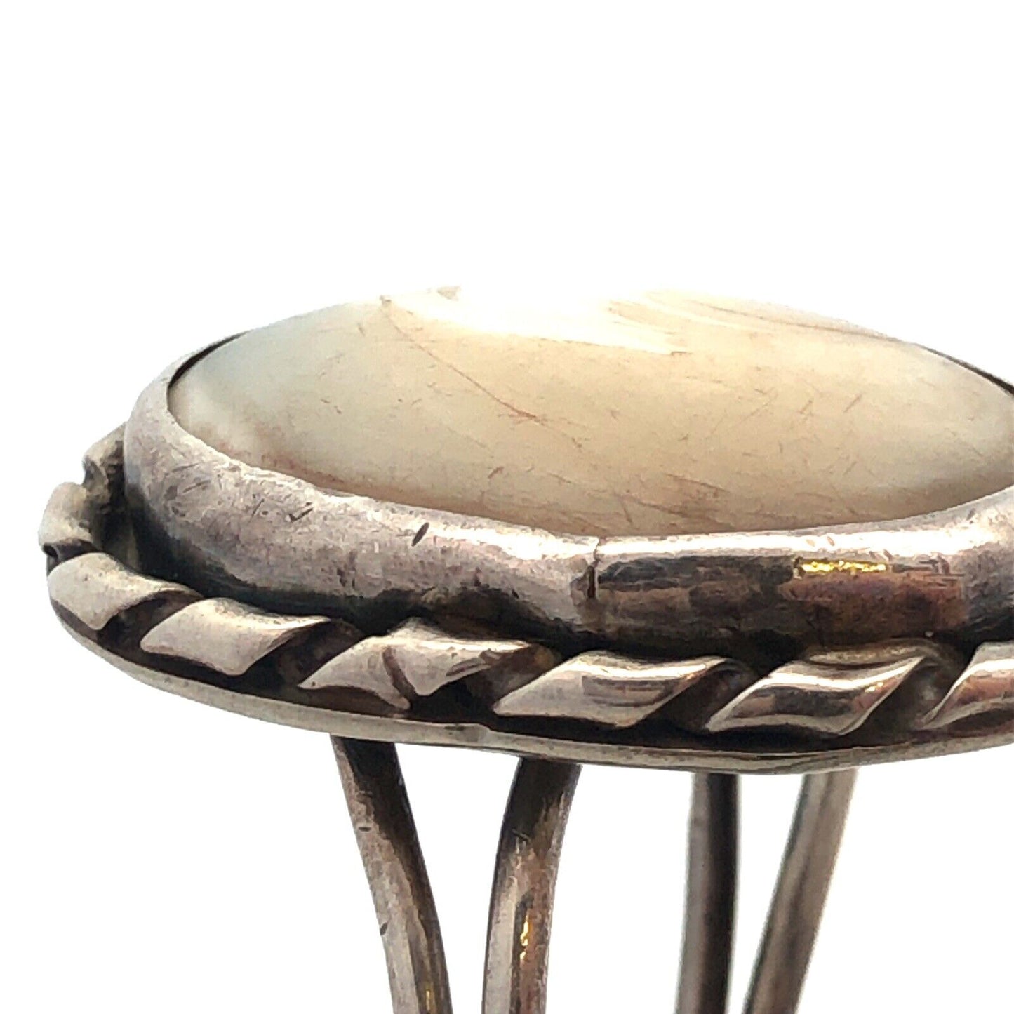Vintage 925 Sterling Silver Oval White Lace Agate Cabochon Large Size 12.5 Ring