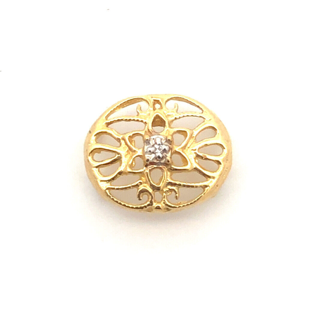 Designer 10K Yellow Gold Diamond Floral Scroll Oval Slide Bracelet Charm