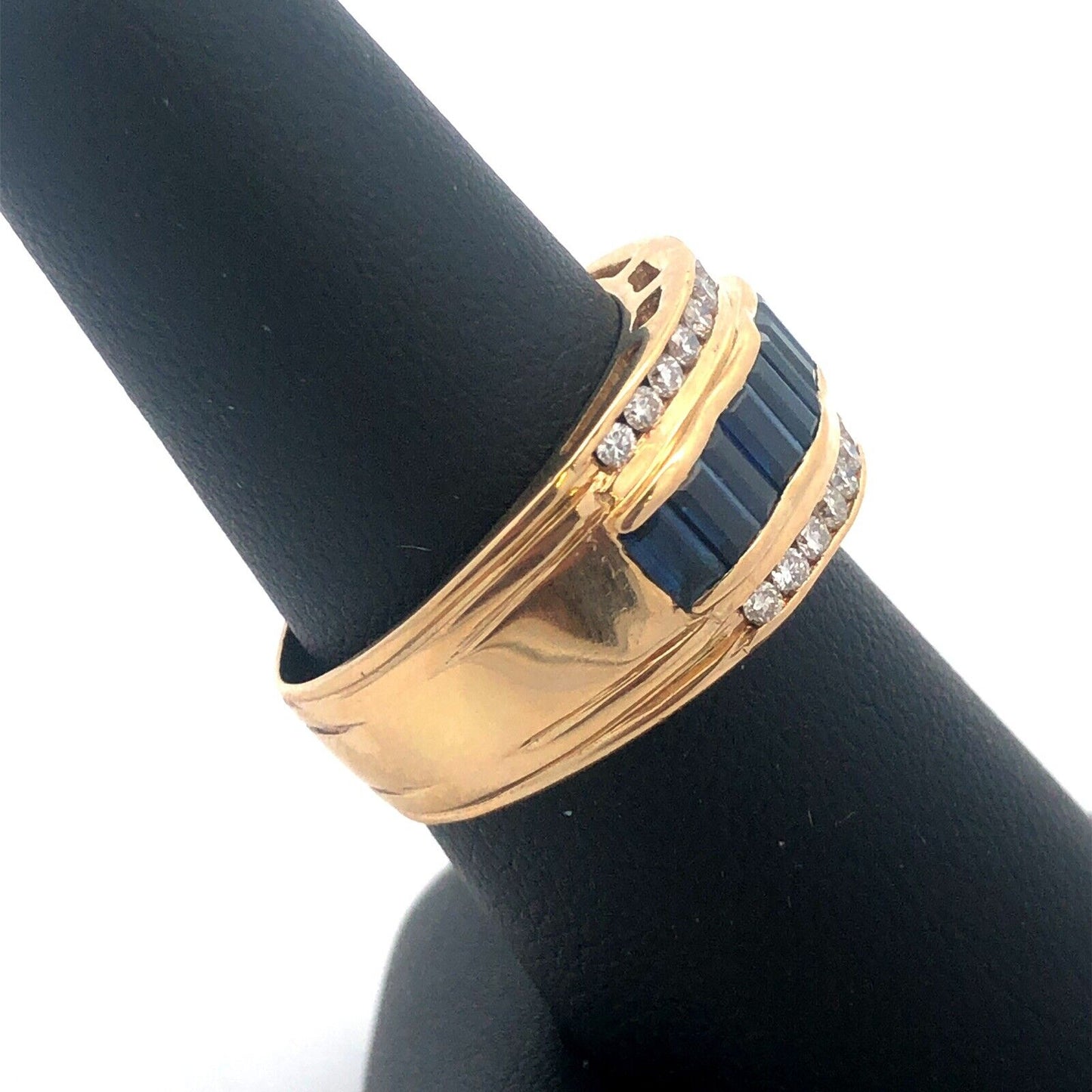 Vintage 14K Yellow Gold Sapphire Diamond Wedding Anniversary Wide Band Ring