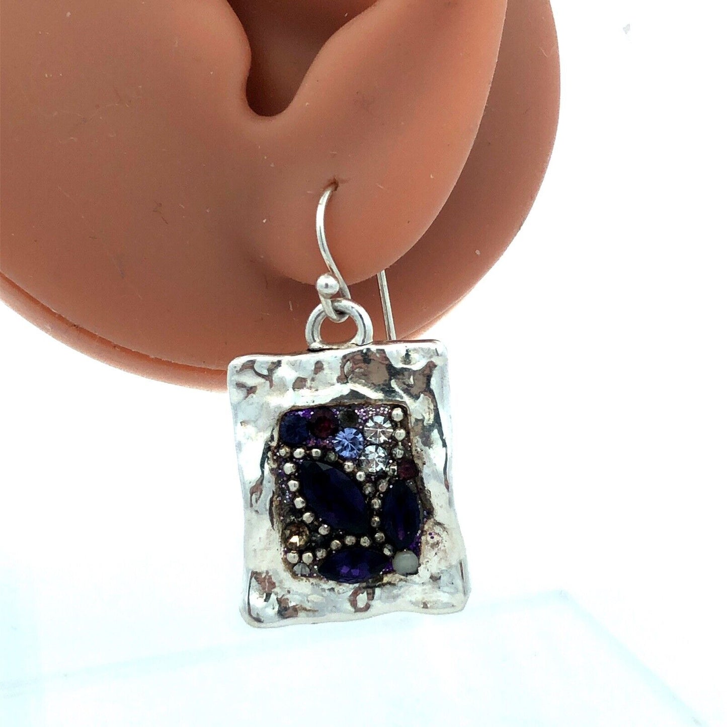 Vintage 925 Sterling Silver Purple Cubic Zirconia Rectangle Hook Earrings