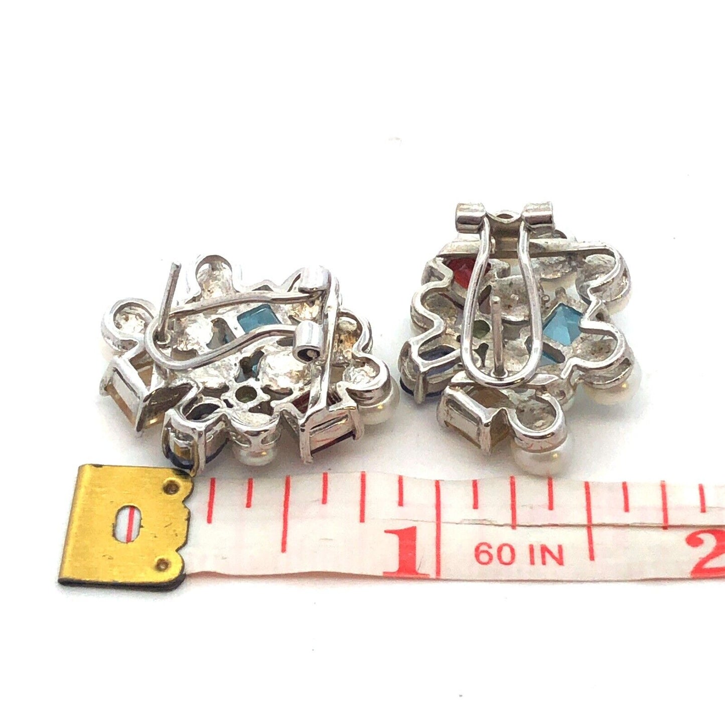 Ross Simons 925 Sterling Silver Pearl Multi Gemstone Cluster Stud Earrings
