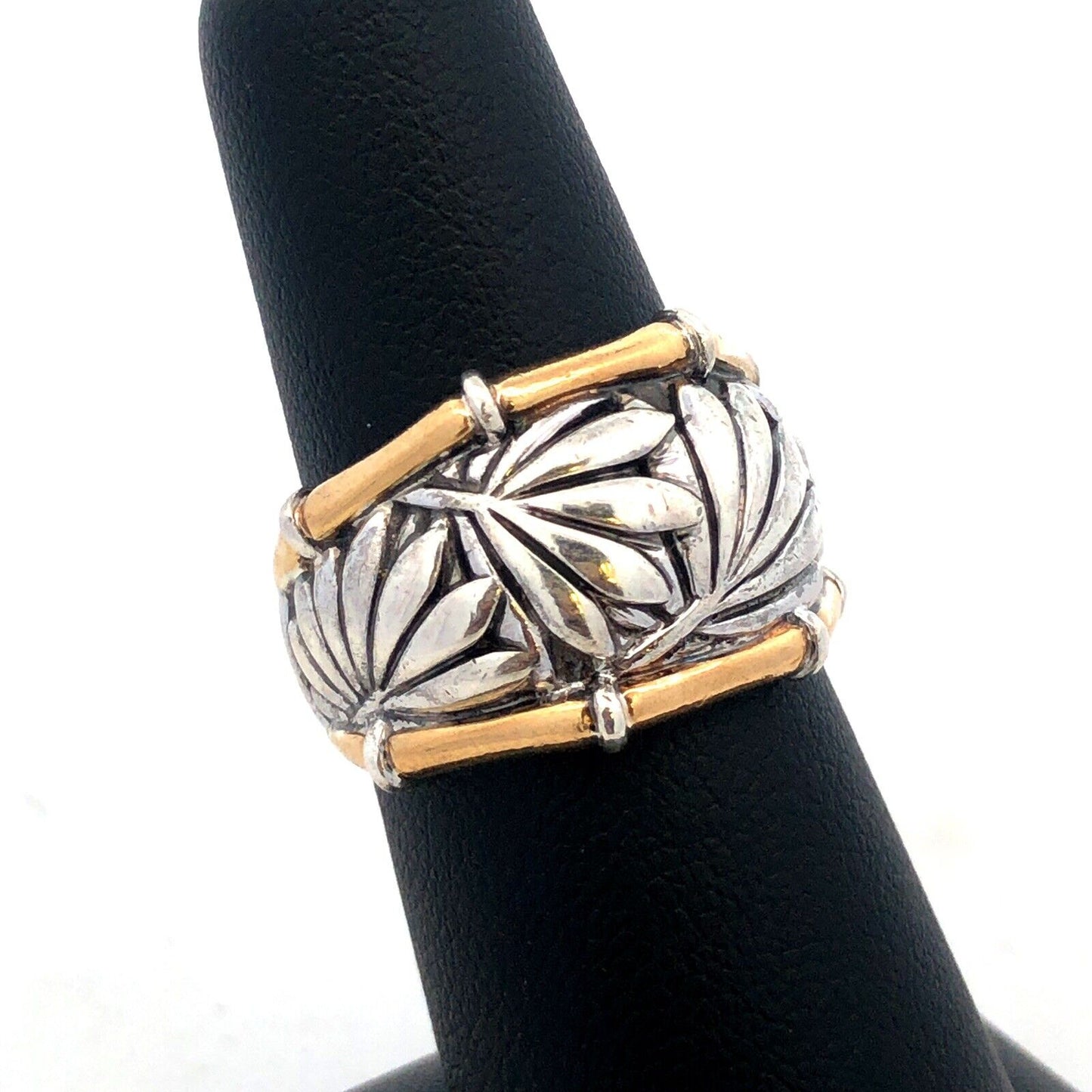 Designer P 925 Sterling Silver 22K Yellow Gold Palm Leaves Bamboo Wide Band Ring