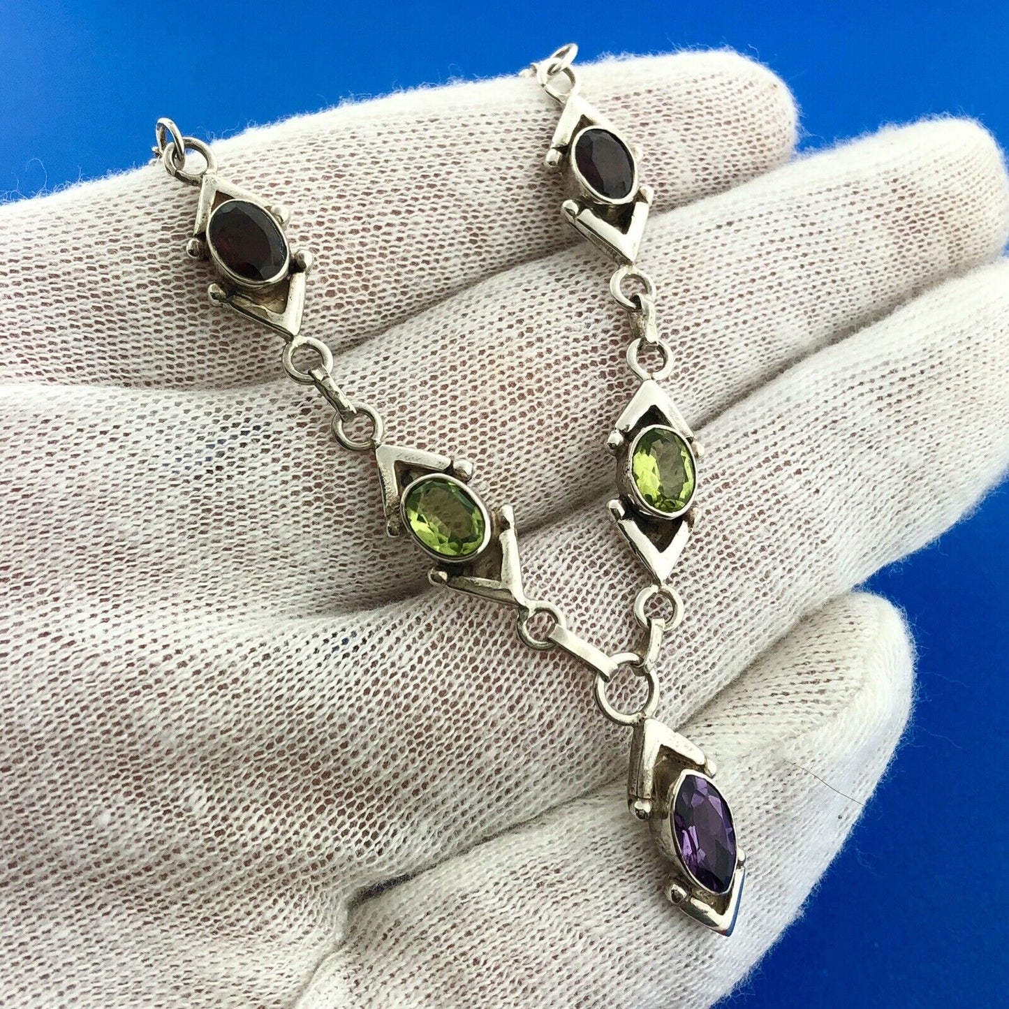 Stunning Sterling Silver 925 Peridot Garnet Amethyst 17" Toggle Necklace