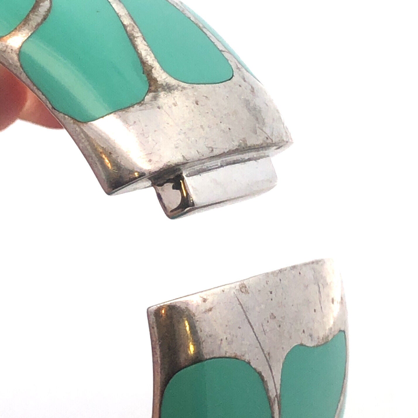 Vintage Angelique De Paris Sterling Silver Turquoise Resin Hinged Cuff Bracelet