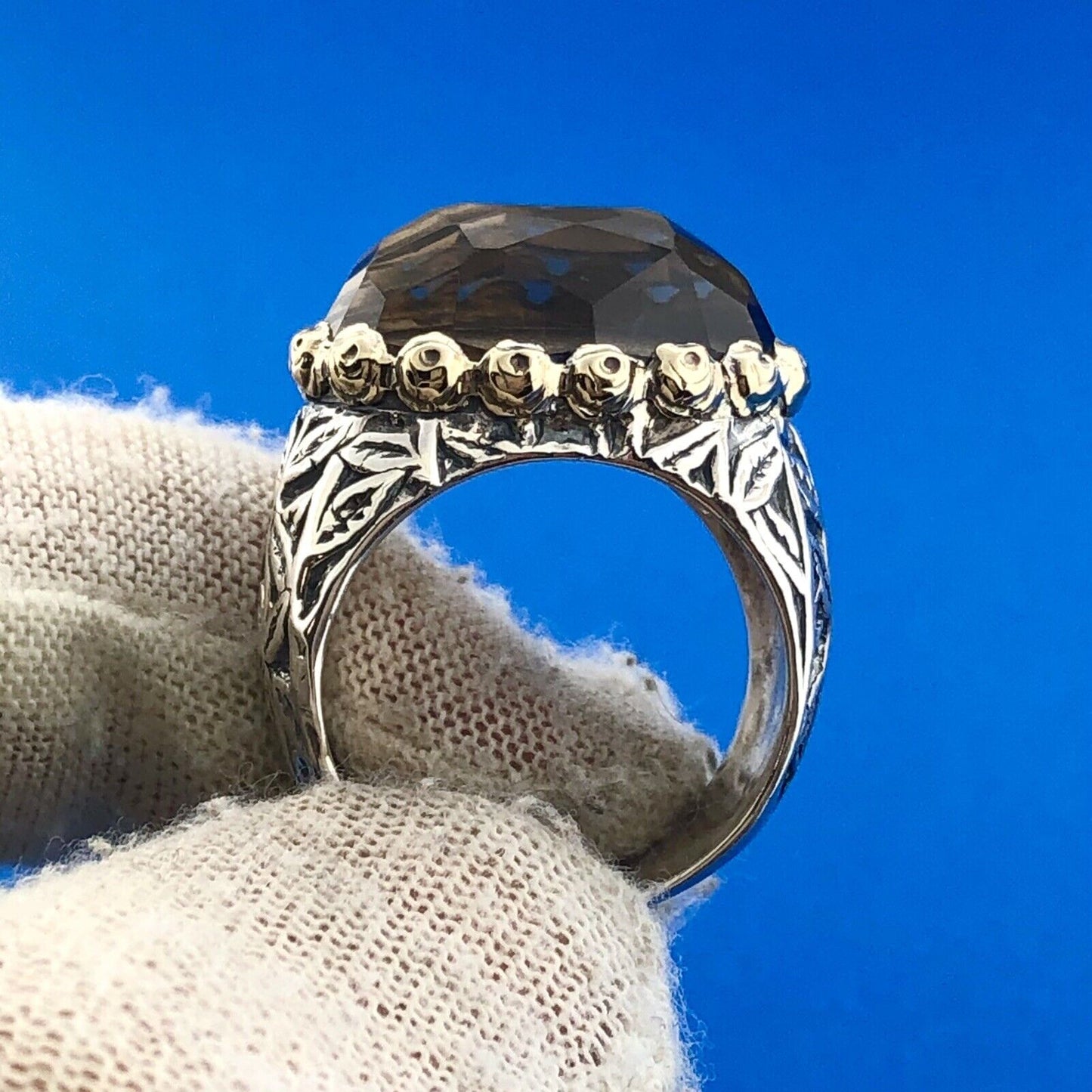 Retro 925 Sterling Silver 14K Two Toned Floral Engraved Smoky Quartz Dome Ring