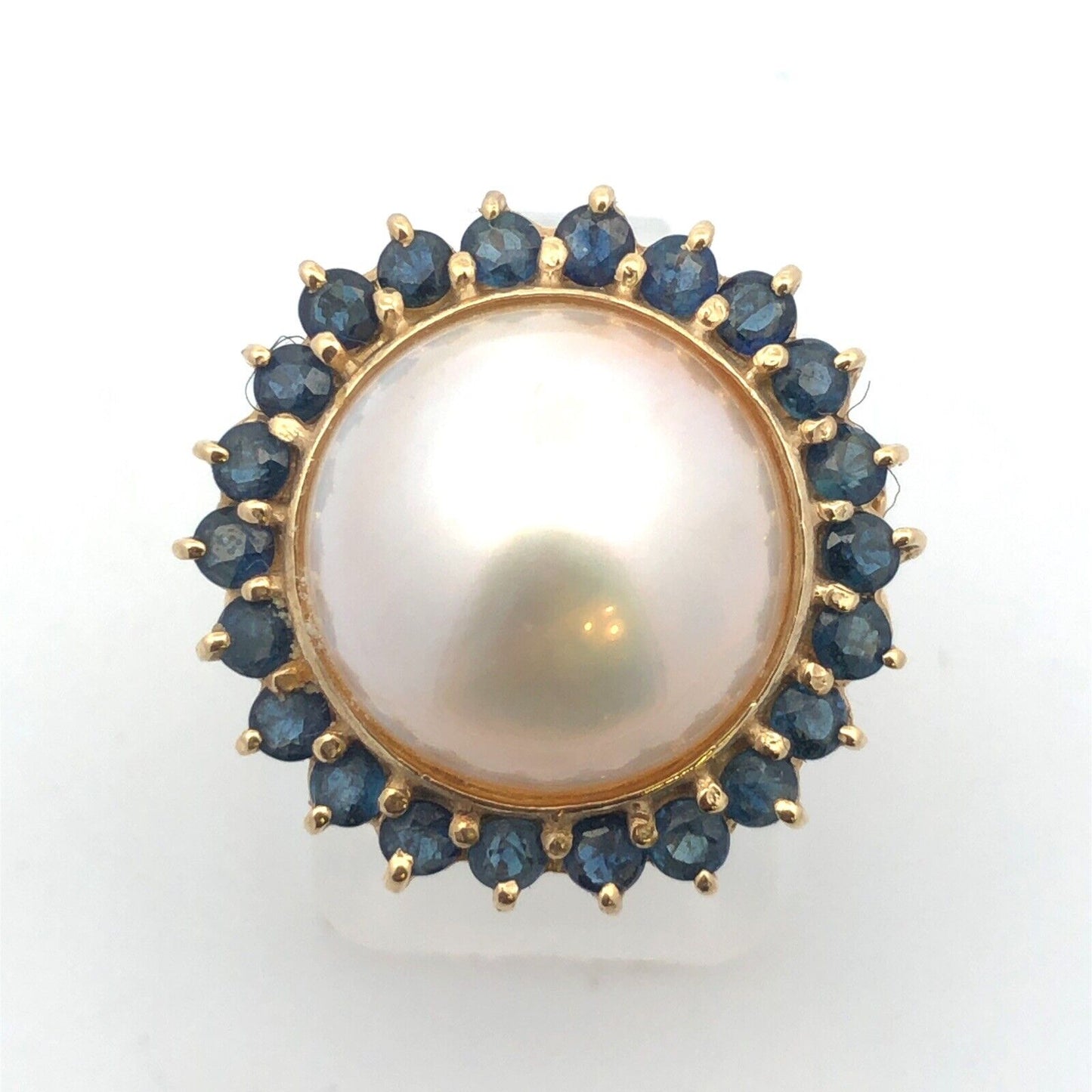 Vintage Designer 14K Yellow Gold Mabe Pearl Sapphire Halo Statement Cocktail Rin
