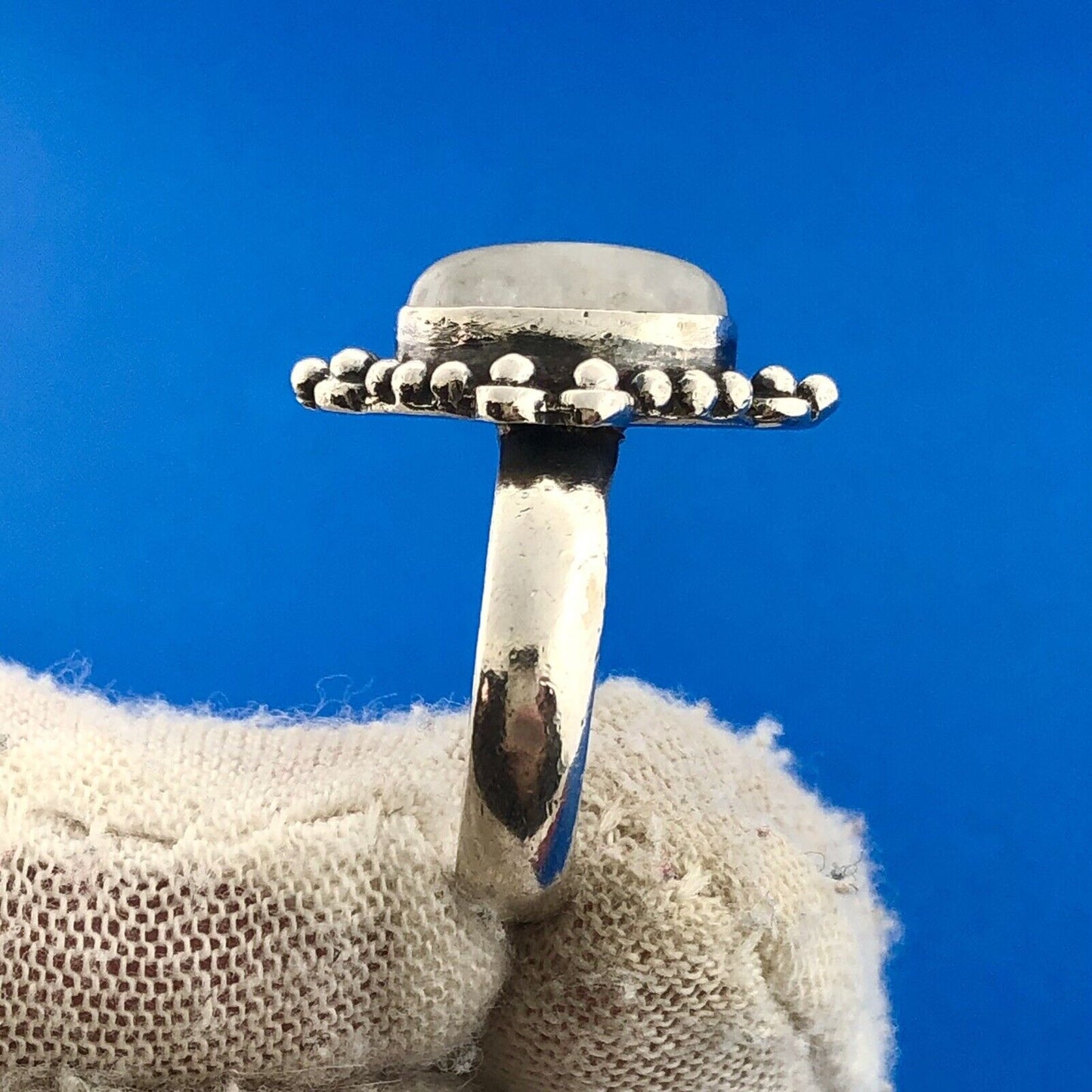 Estate 925 Sterling Silver Oval Moonstone Cabochon Beaded Style Ring