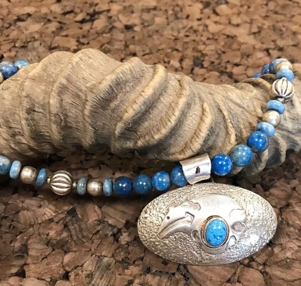 Vintage Native American Sterling Silver 925 Lapis Lazuli Bead Concho Necklace