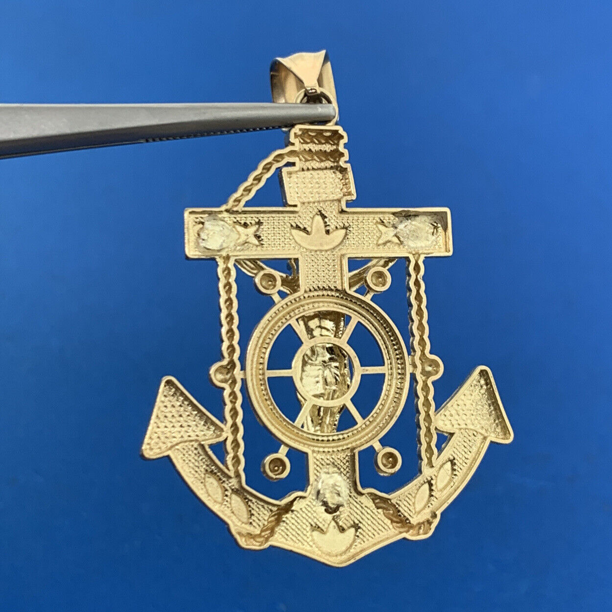 Designer 10K Yellow Gold Sailors Cross Anchor Navy Religious Statement Pendant