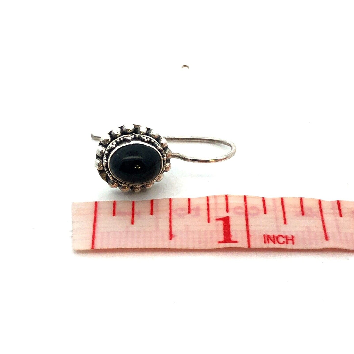 Vintage 925 Sterling Silver Oval Black Onyx Beaded Detail Dangle Hook Earrings
