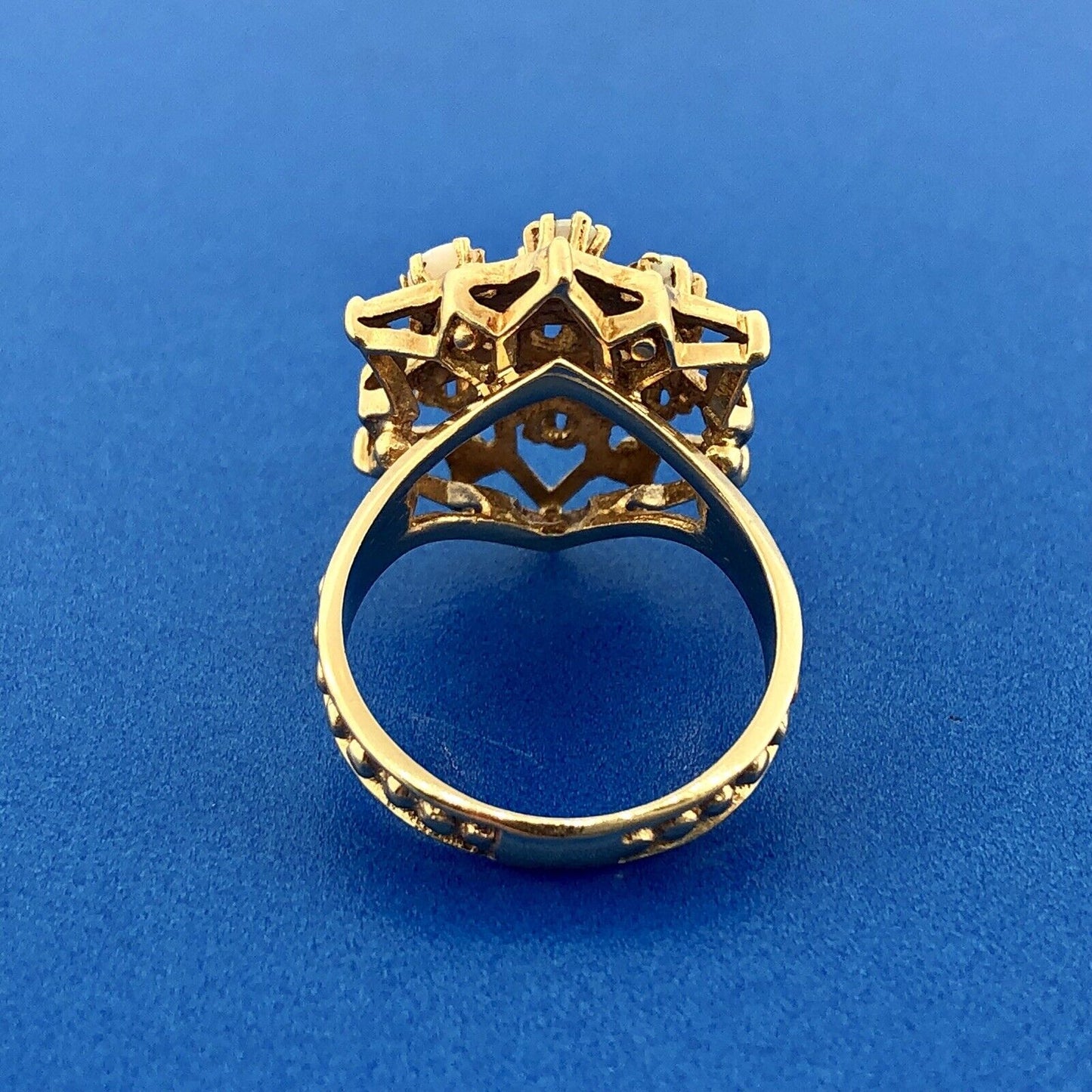 Art Nouveau 14K Yellow Gold Opal Star Flower Cluster October Etruscan Style Ring