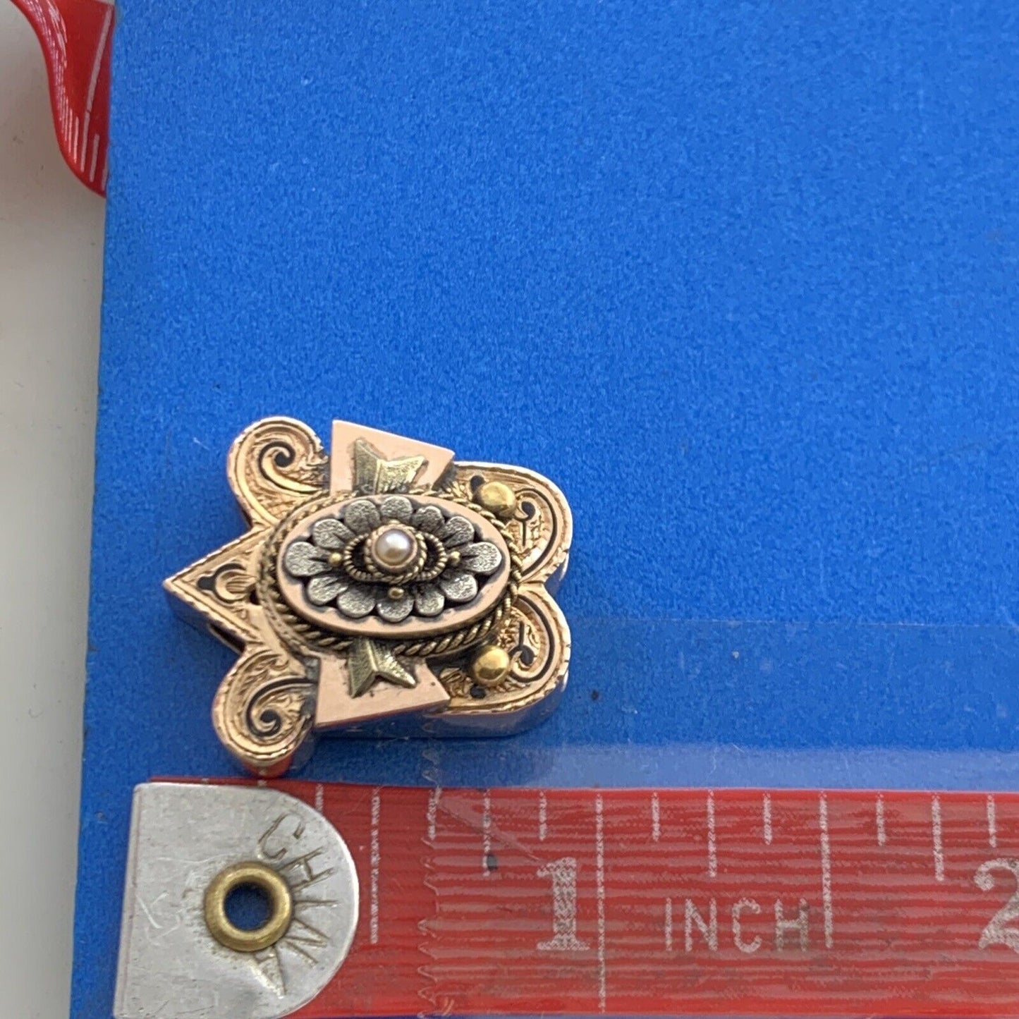 Vintage 14K Yellow Gold Seed Pearl Black Enamel Statement Slide Bracelet Charm