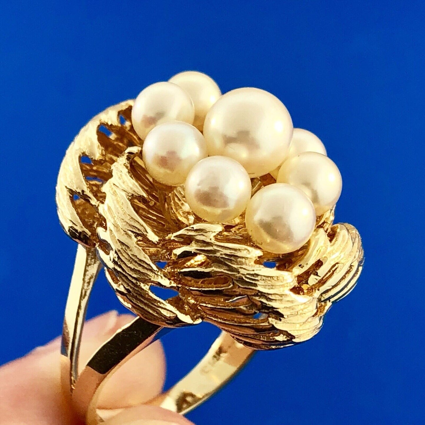 Vintage 14K Yellow Gold 9 Pearl Bird Nest Cluster Statement Cocktail Ring