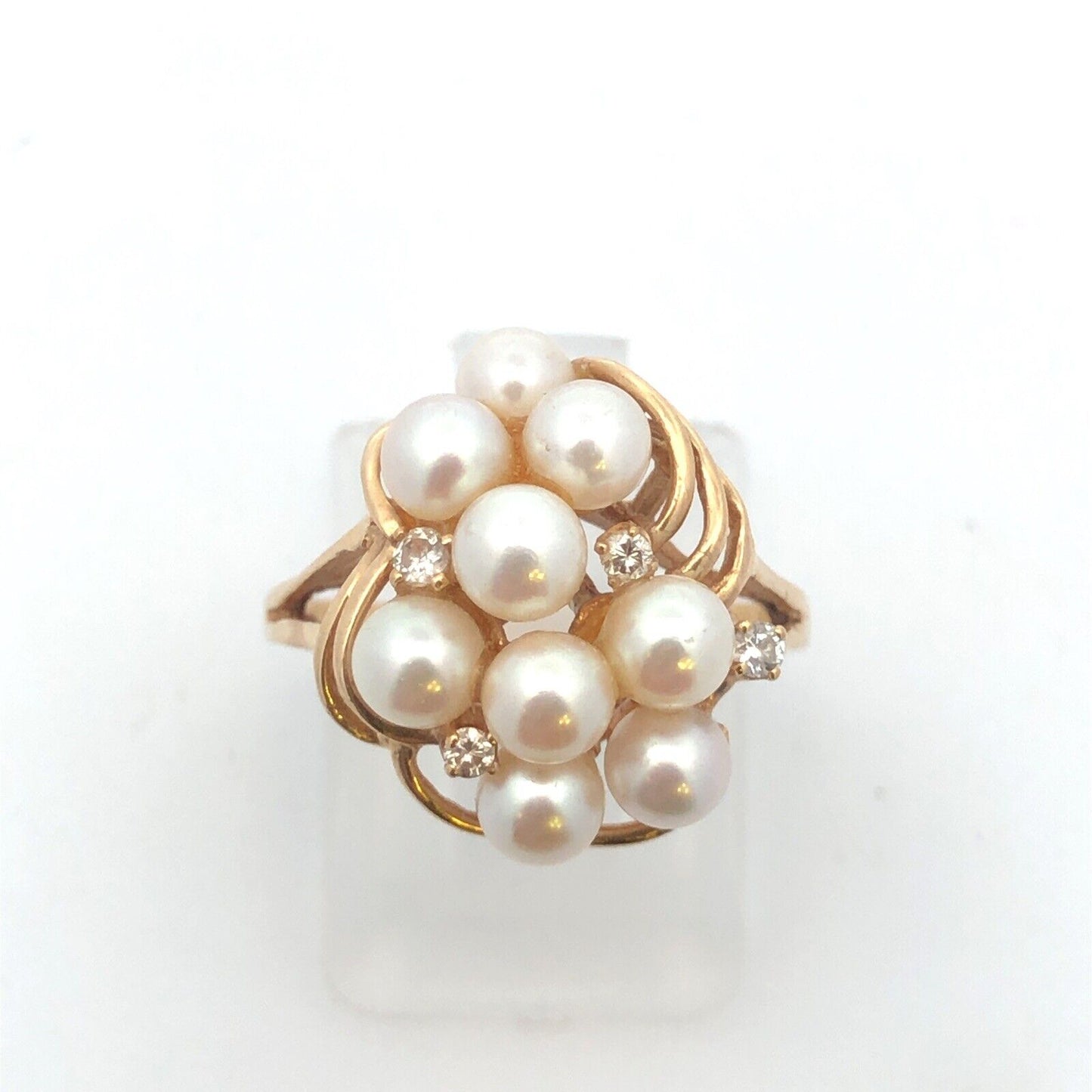 Designer 14K Yellow Gold Pearl Diamond Accented Modernist Cluster Cocktail Ring