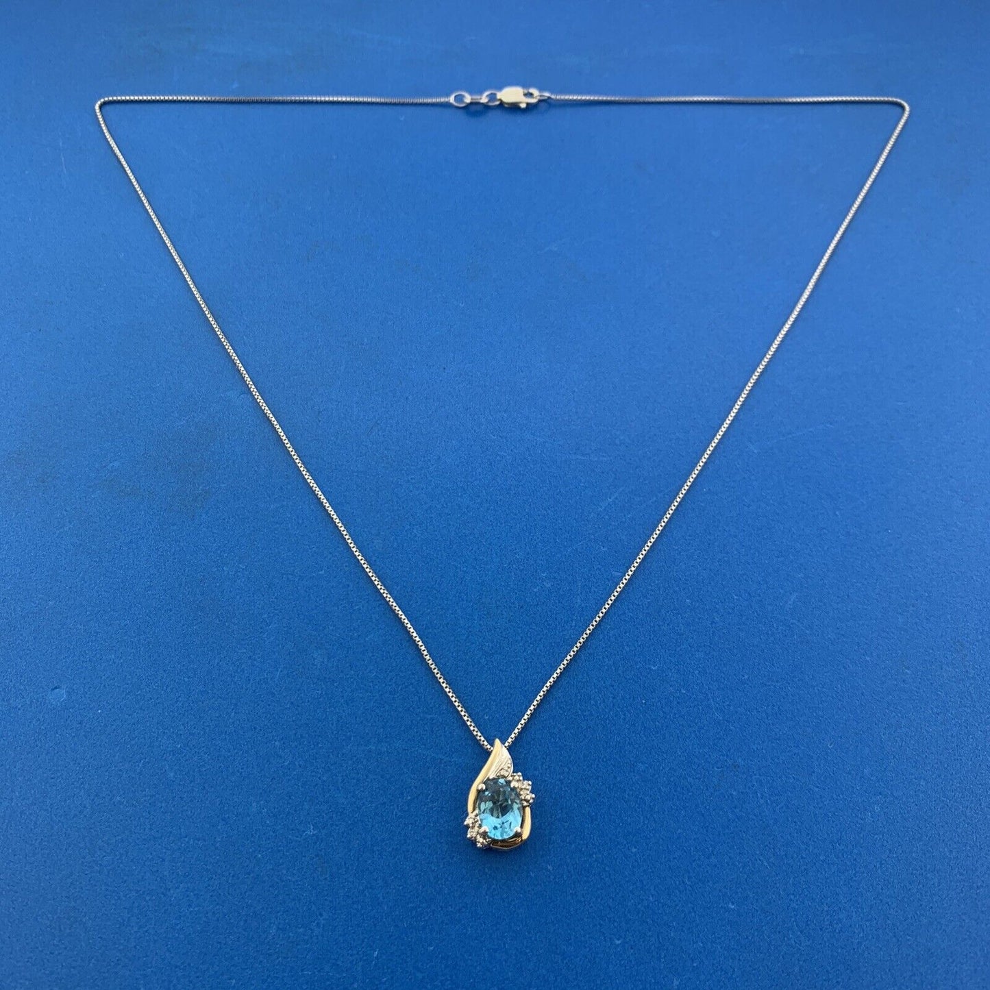 Designer Sterling Silver 10K Yellow Gold Blue Topaz Solitaire Diamond Necklace