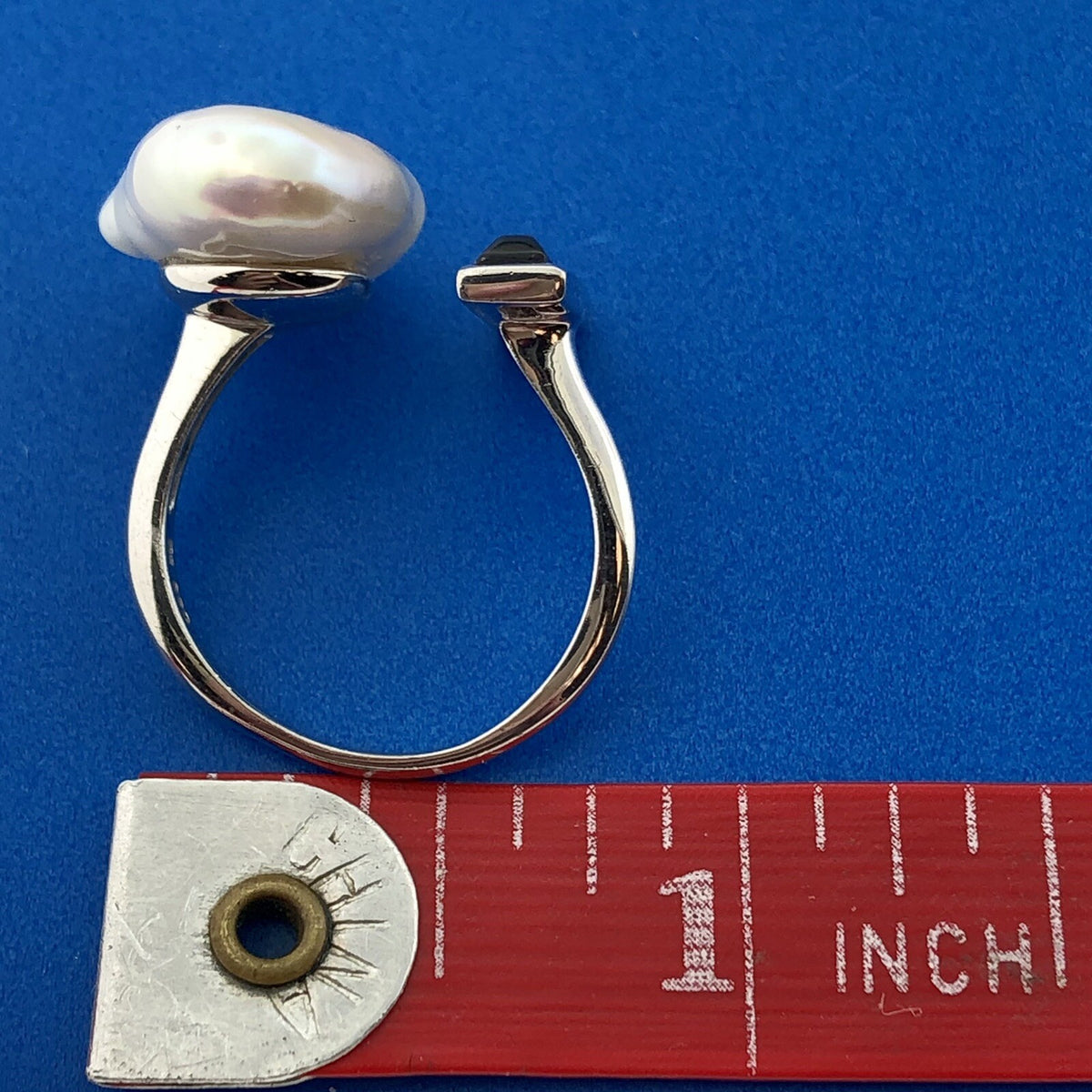 Retro Modernist 925 Sterling Silver Freshwater Pearl Hematite Adjustable Ring