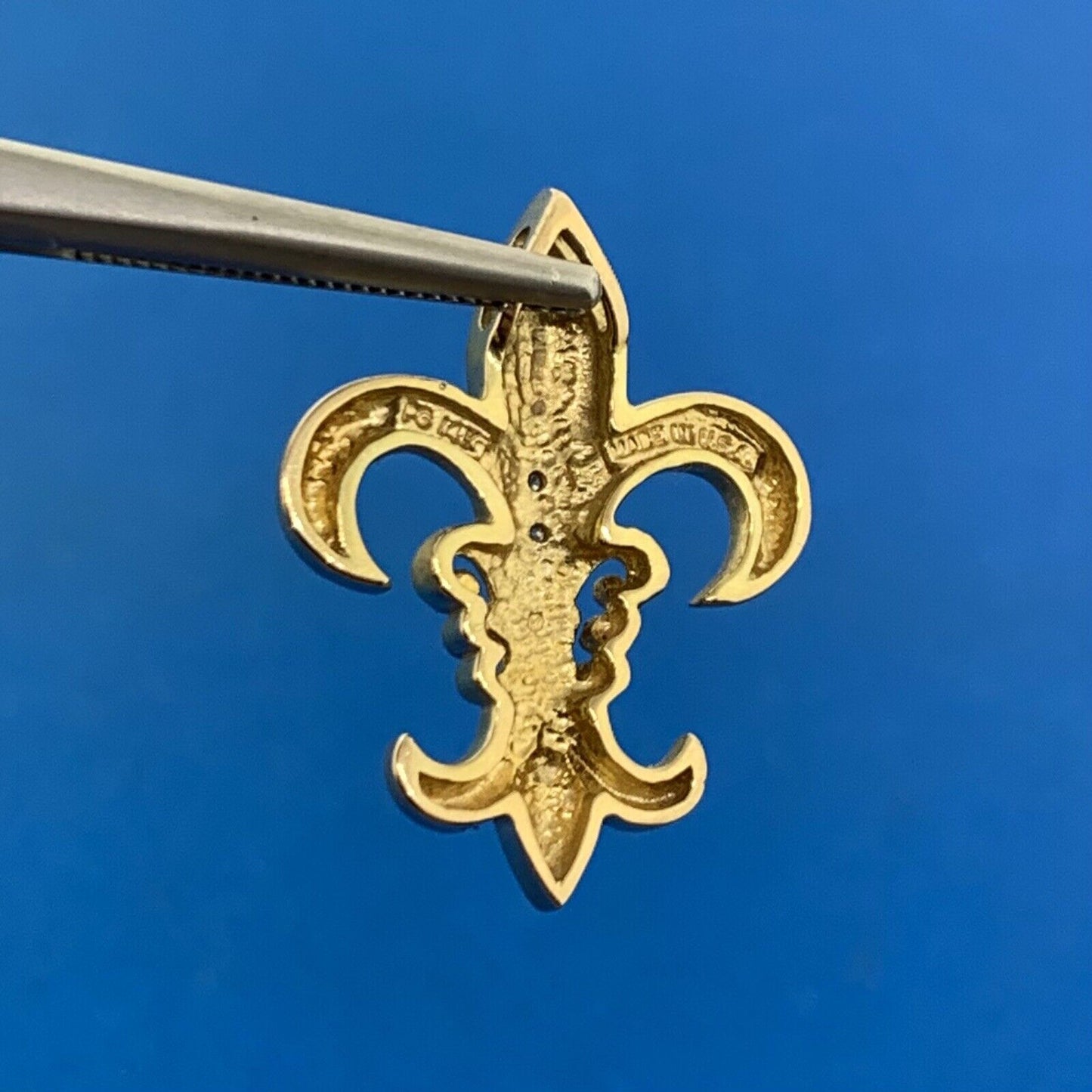Designer 14K Yellow Gold Diamond Fleur De Lis French Religious Pendant