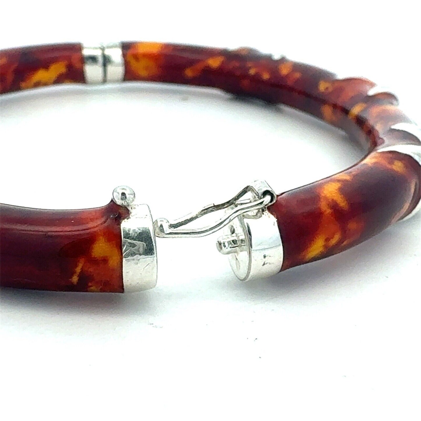 Milor Italy Sterling Silver Tortoise Shell Enamel Oval Hinged Bangle Bracelet